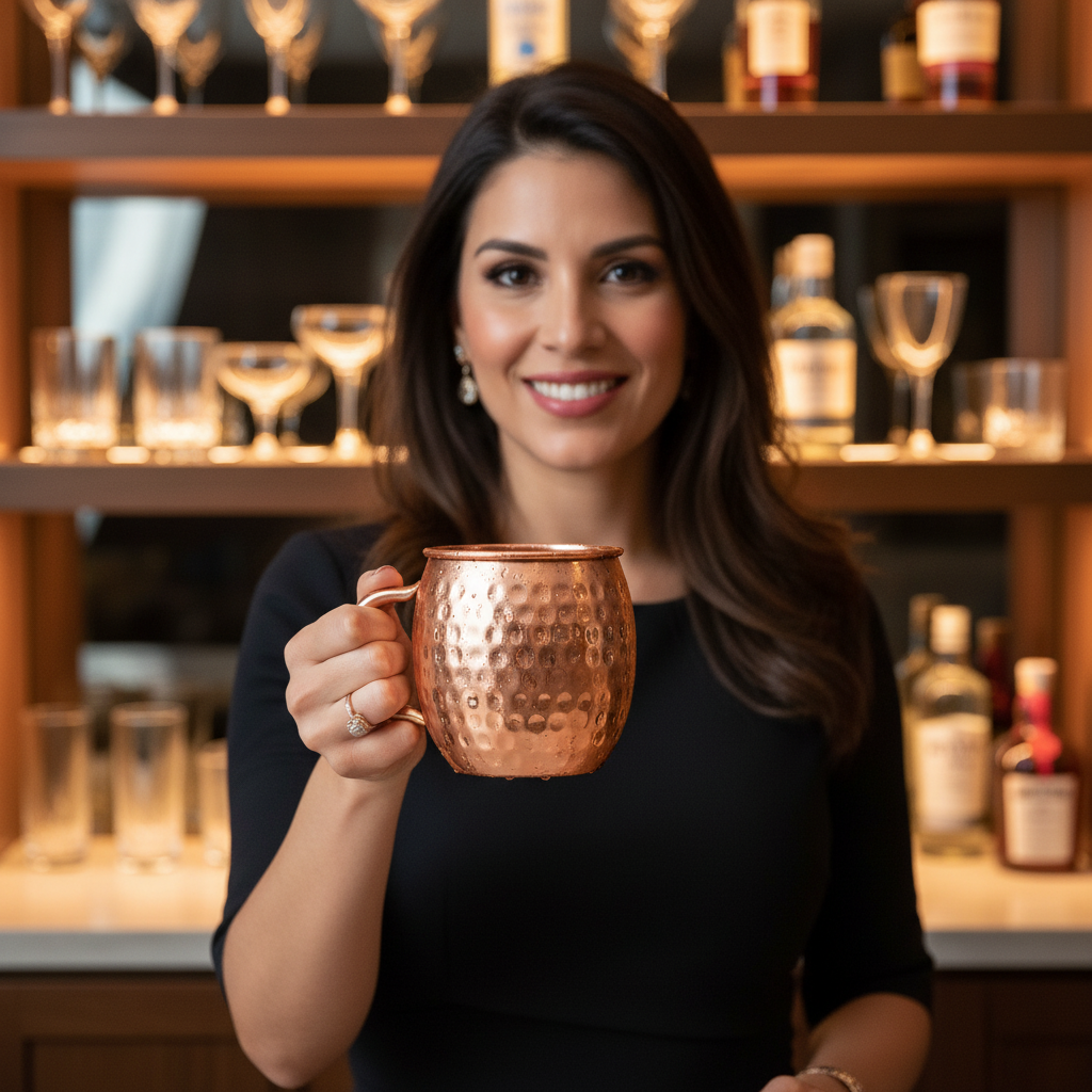 A stylish Hispanic woman in her early 30s, smiling warmly at the camera, holding a frosty, condensation-covered hammered copper Moscow Mule mug with a classic curved C-shaped pure copper handle, barrel-shaped body, and a highly polished rose-gold copper finish. She is in a sophisticated, well-lit home bar with elegant glassware and bottles on shelves in the soft-focus background. The lighting is warm and inviting, photorealistic, magazine editorial quality, 8k.