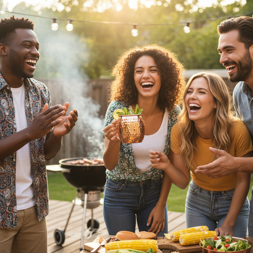 A group of diverse, happy friends in their late 20s and 30s laughing together on a beautiful sunny afternoon at a backyard barbecue. One woman is in focus, mid-laugh, holding up her glistening hammered copper Moscow Mule mug with a classic curved C-shaped copper handle and barrel-shaped body, garnished with lime and mint. The scene is filled with authentic joy and connection, photorealistic, candid lifestyle photography, 8k.