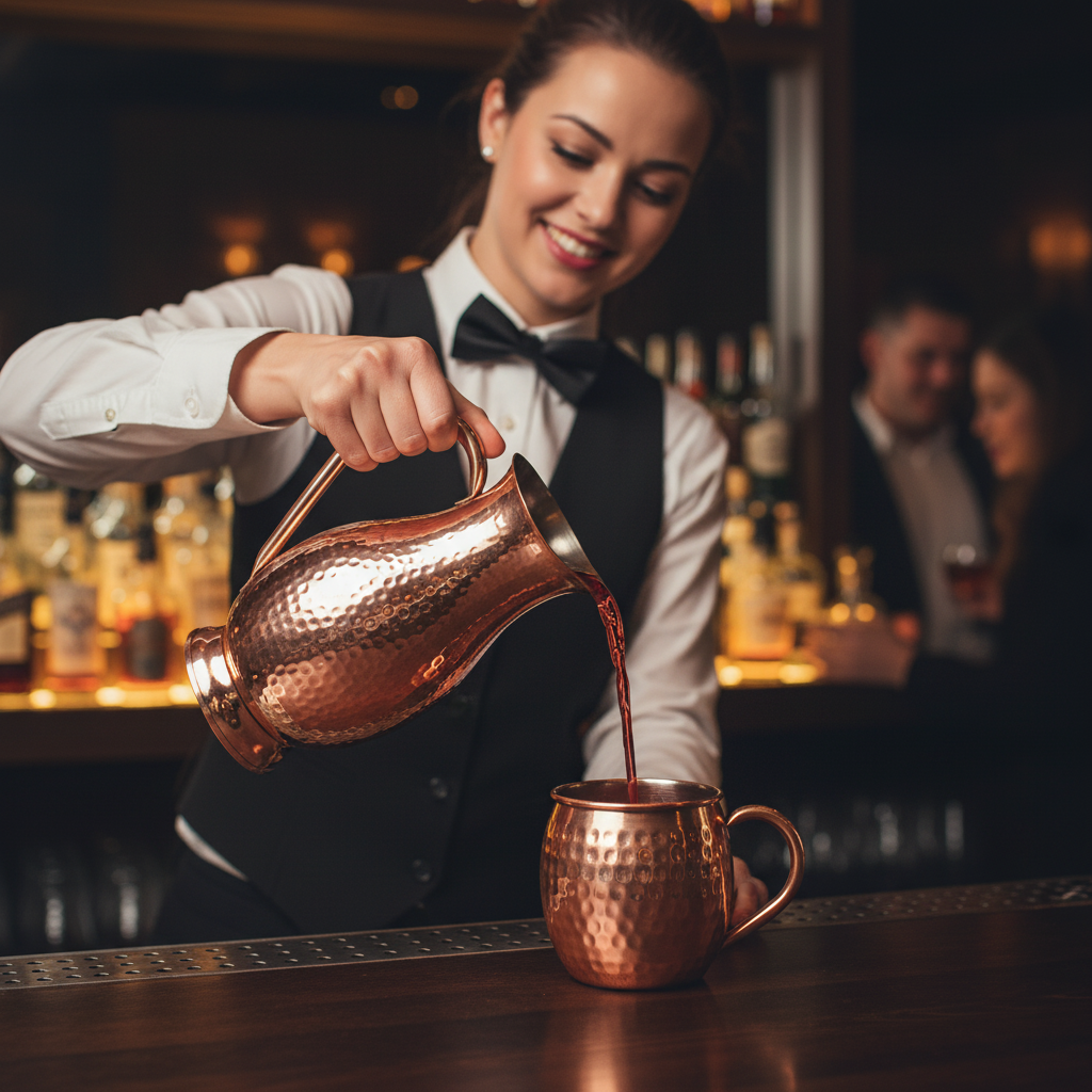 An elegant bartender with a warm smile pouring a vibrant ruby-red cocktail from a tall hammered copper pitcher with a large, elegant curved pure copper handle into a matching hammered copper mug, set against the backdrop of a stylish, dimly lit speakeasy bar, soft focus on background bottles, photorealistic, magazine editorial quality, 8k