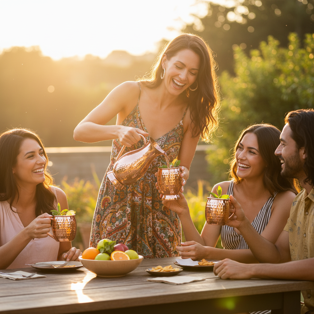 A happy, stylish woman in her 30s, genuinely laughing, serving a refreshing, fruit-garnished cocktail to friends from a tall hammered copper pitcher with a large curved handle, gathered around an outdoor patio table in the warm glow of late afternoon sun, candid lifestyle photography, photorealistic, 8k