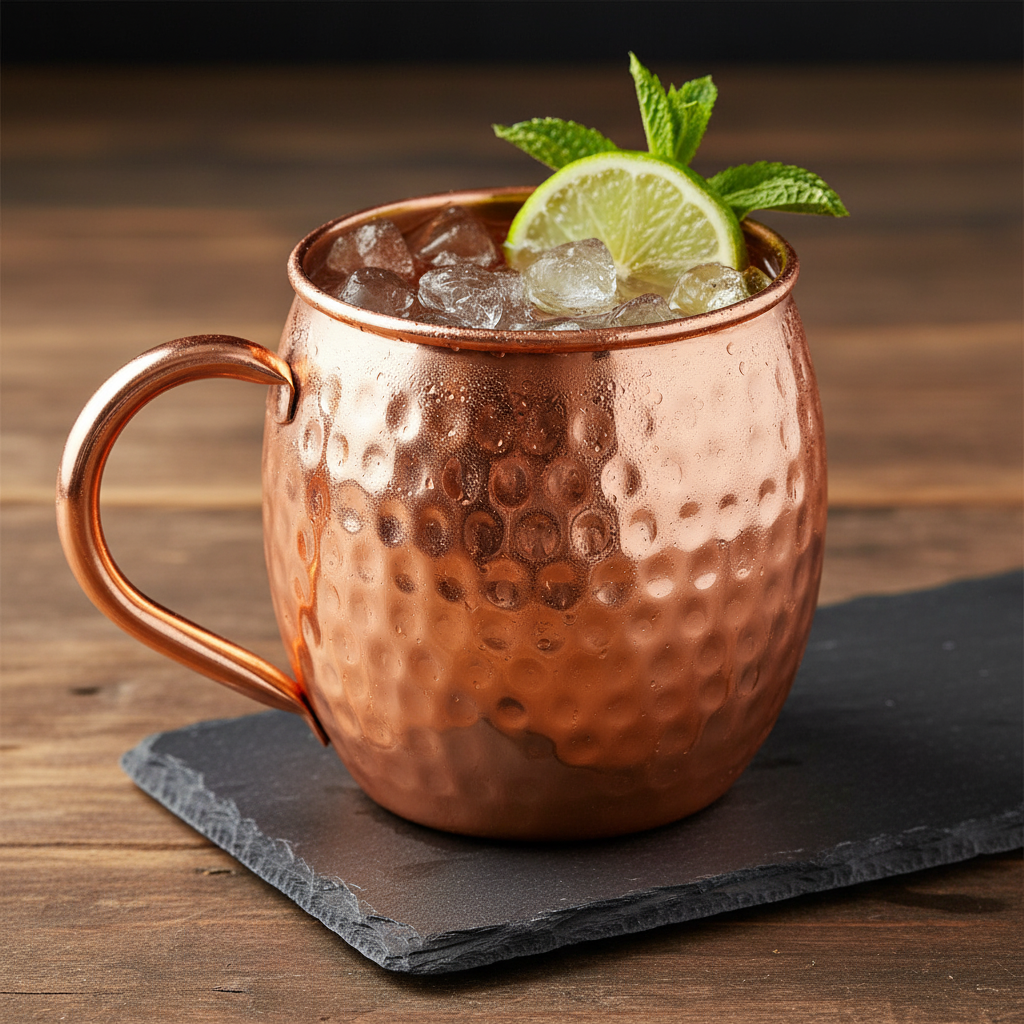 A classic Moscow Mule cocktail in a hammered copper mug with a curved pure copper handle, garnished with a fresh lime wedge and mint sprig, condensation beading on the polished rose-gold surface, set on a dark slate coaster against a rustic wooden bar top, professional cocktail photography, 8k