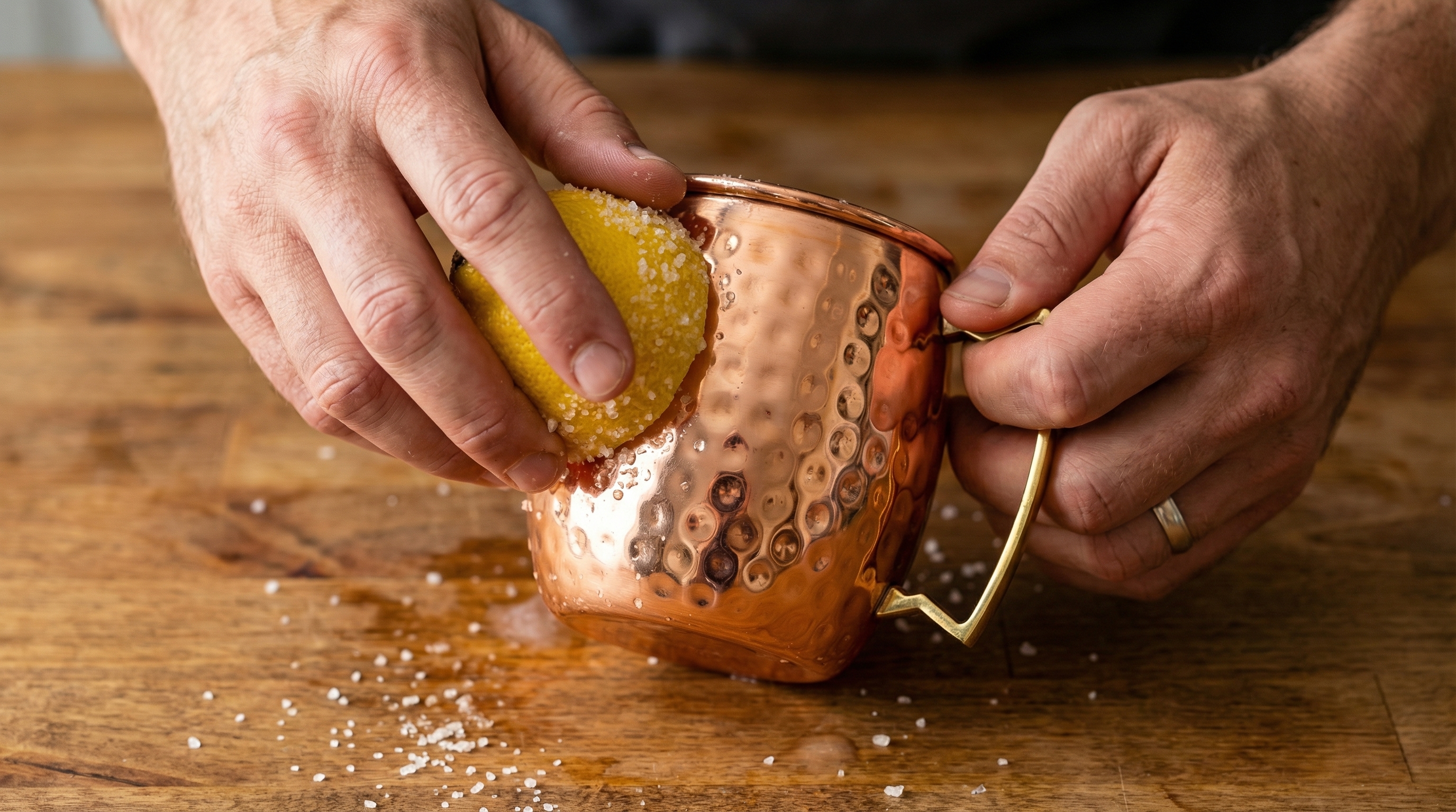 A happy, relaxed man's hands demonstrating the lemon and salt cleaning technique. One hand holds a highly polished hammered copper Moscow Mule mug with an angular brass D-shaped handle, while the other hand rubs a salt-covered lemon half onto its surface. The background is a warm, rustic wooden countertop. The focus is on the action, with the copper visibly brightening. Candid lifestyle photography, photorealistic, 8k.
