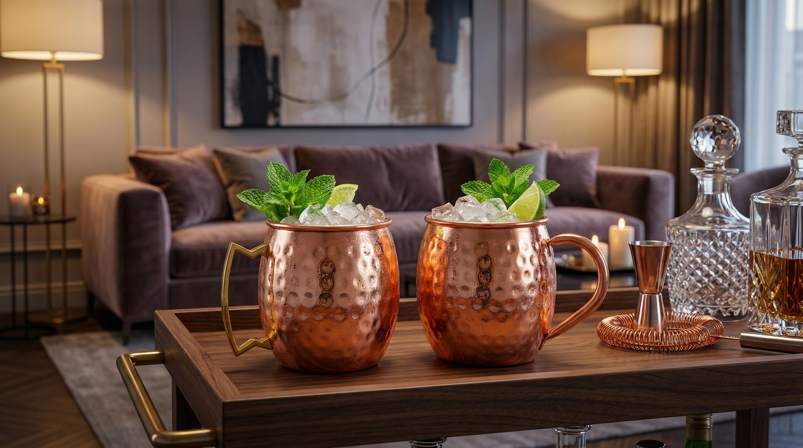 Two highly polished hammered copper Moscow Mule mugs with angular brass handles, filled with ice and a classic Moscow Mule cocktail, garnished with fresh mint sprigs and lime wedges. The mugs sit on a stylish, dark wood bar cart in a beautifully decorated modern living room with soft, ambient lighting. The scene is aspirational and luxurious. Photorealistic, 8k.
