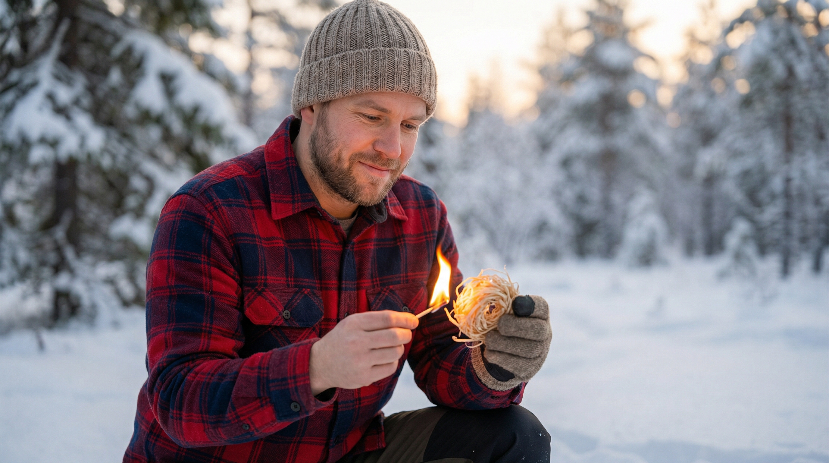 A focused yet relaxed man in his 30s with a light beard, wearing a warm beanie and a high-quality flannel jacket, kneels in a snowy forest clearing. He is holding a single Moscow Mix wood wool fire starter, easily igniting it with a match. The flame is bright and strong, illuminating his content expression and casting a warm glow on the surrounding snow. The background shows snow-covered pines and the soft light of a winter afternoon, creating a scene of capability and serene confidence. Photorealistic, magazine editorial style, 8k.