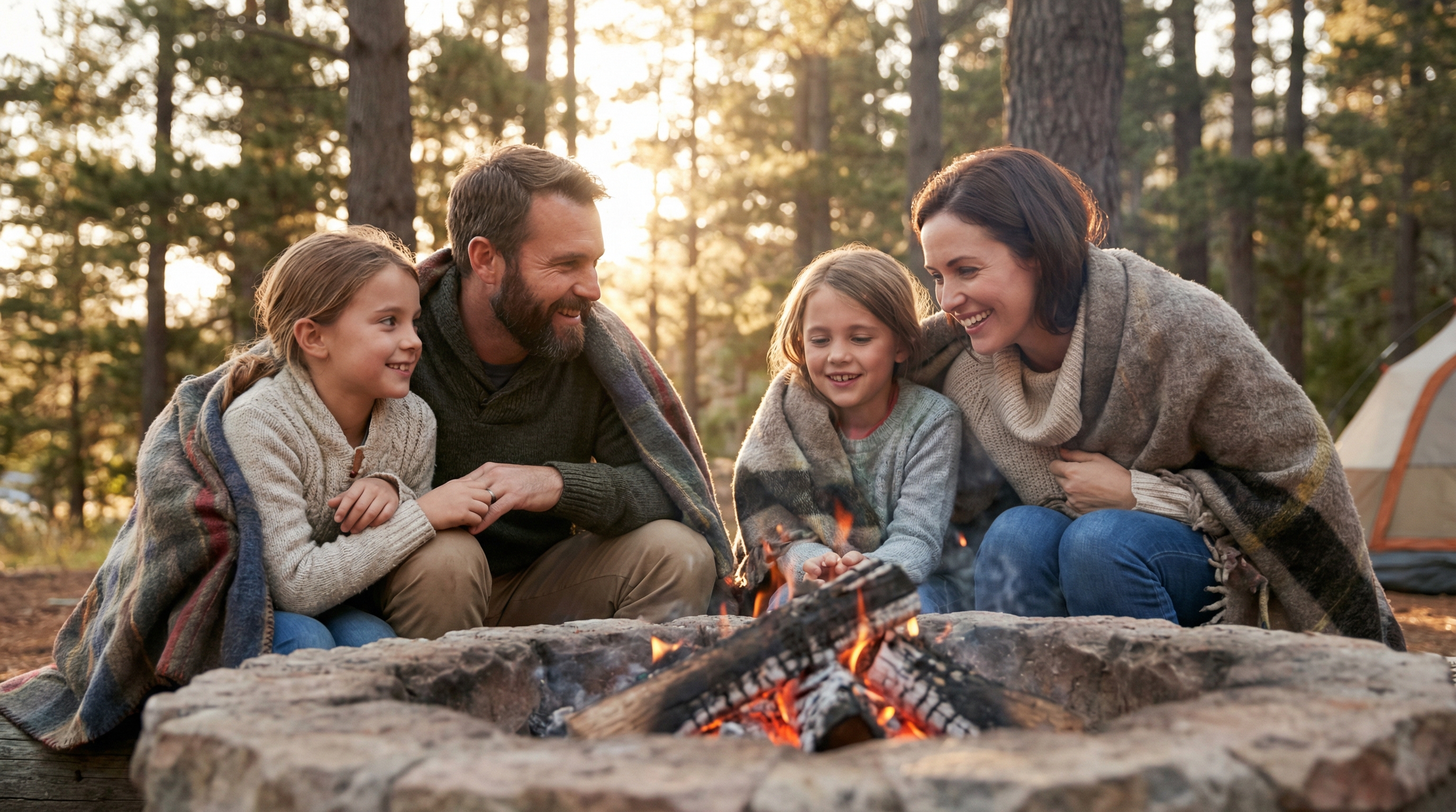 A beautiful Caucasian family—a smiling husband and wife in their late 30s and their two happy daughters, aged 8 and 10—are gathered closely around a warm, glowing fire pit at a campsite. They are wrapped in cozy blankets, their faces illuminated by the firelight of a gentle evening. The setting is a serene campground with tall trees in the background, bathed in the golden hour light, conveying a powerful sense of family connection, warmth, and pure comfort. No products are visible, the focus is entirely on the joyful human experience. Candid lifestyle photography, photorealistic, 8k.