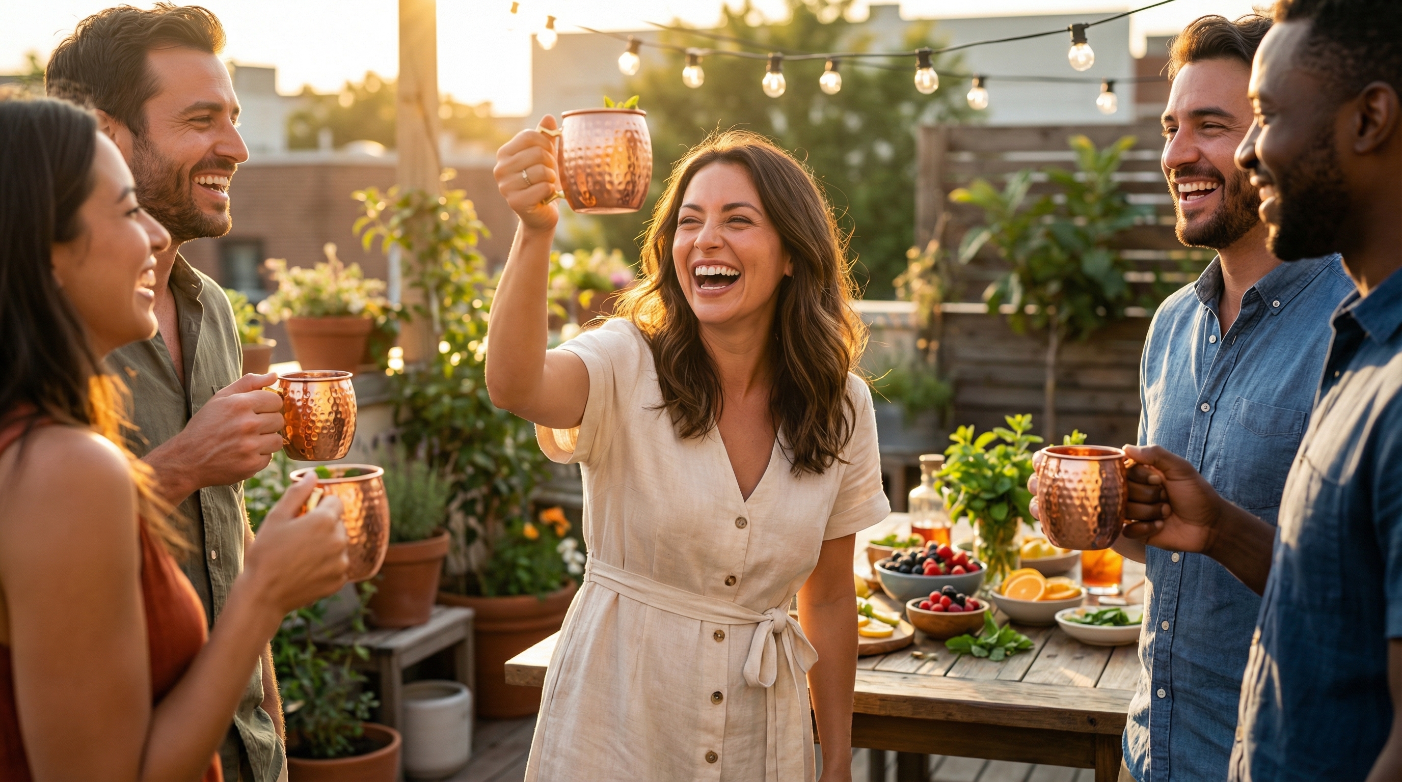A stylish, sun-drenched outdoor patio party in full swing. A diverse group of smiling friends in their 30s are laughing and talking, holding shimmering copper mugs. The focus is on a cheerful woman in a linen dress, raising her mug for a toast, her face filled with genuine joy. The background shows a beautifully set table with bowls of fresh fruit and cocktail garnishes. Golden hour lighting, candid and full of life, magazine editorial quality, 8k.