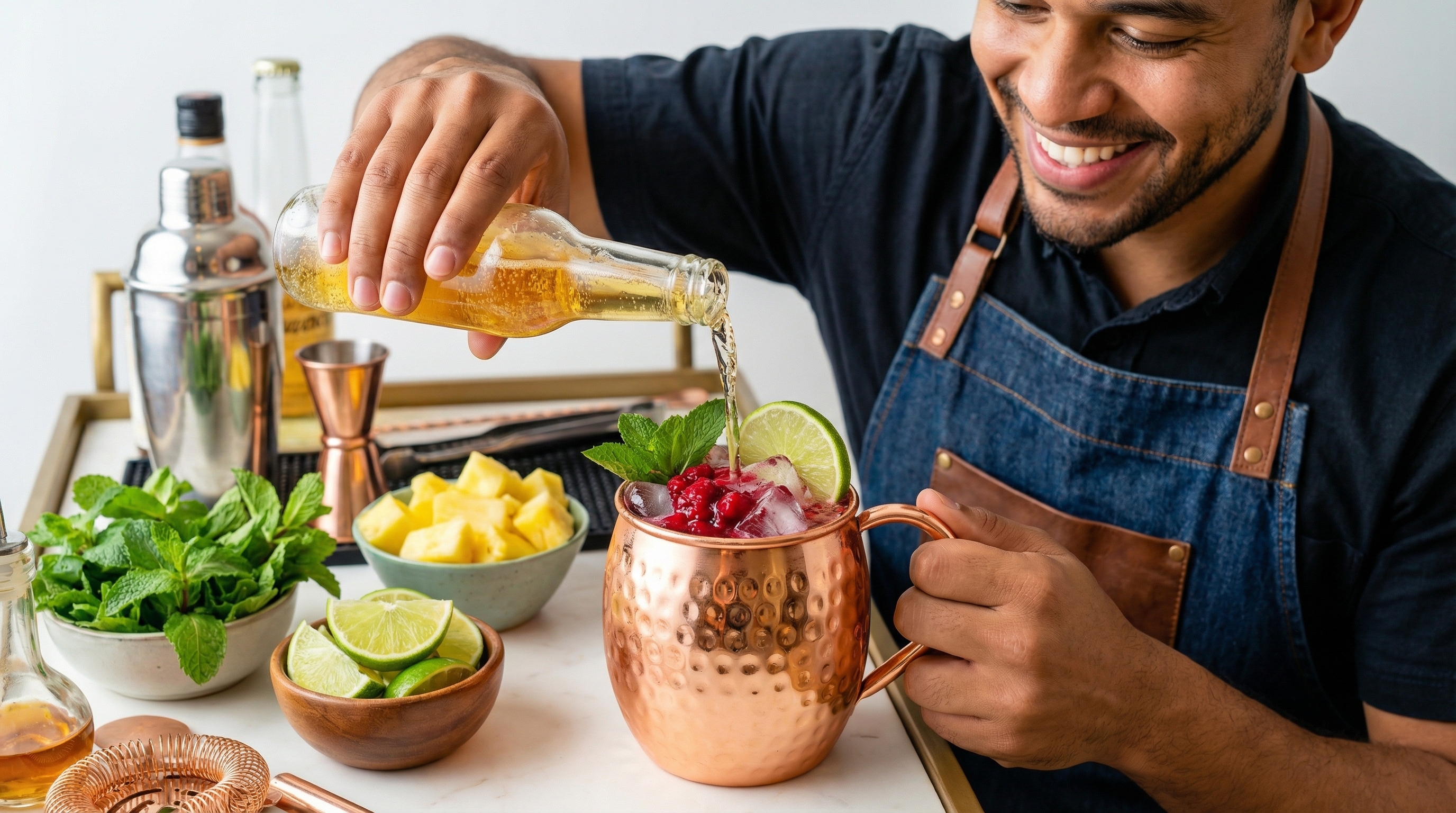 A happy, focused bartender in a stylish apron, genuinely smiling as they carefully pour vibrant ginger beer into a highly polished hammered copper Moscow Mule mug with a classic curved pure copper handle. The mug is already filled with ice and a bright red berry mixture. The background is a beautifully styled bar cart with bowls of fresh mint, lime wedges, and pineapple. The scene is brightly lit, focusing on the craft and joy of cocktail making. Photorealistic, candid lifestyle photography, 8k.