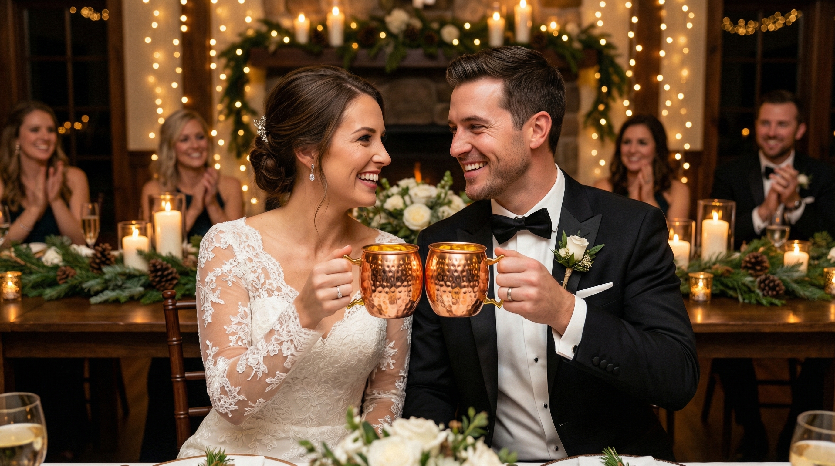 A joyful, newly married couple, a woman in an elegant white dress and a man in a sharp tuxedo, are the center of attention at their winter wedding reception. They are raising their mugs in a toast, looking at each other with genuine smiles. The mugs are highly polished, barrel-shaped hammered copper mugs with small, uniform dimples and classic C-shaped pure copper handles. The reception is filled with soft, warm light from fairy lights and candles, with dark wood and evergreen decorations in the background, creating a cozy and luxurious atmosphere. Photorealistic, candid lifestyle photography, 8k.