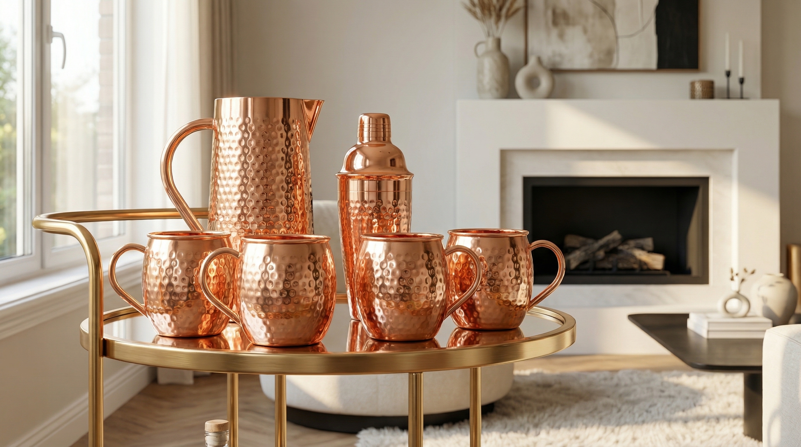 A beautifully styled home bar cart in a modern, elegant living room. On the top shelf, a set of four highly polished, barrel-shaped hammered copper mugs with small, uniform dimples and classic C-shaped pure copper handles are artfully arranged next to a matching tall copper pitcher and a copper cocktail shaker. The scene is bathed in soft, natural light from a nearby window, highlighting the warm rose-gold finish of the copper. The living room has a cozy fireplace in the background and sophisticated, minimalist decor. Product-focused lifestyle photography, photorealistic, 8k.