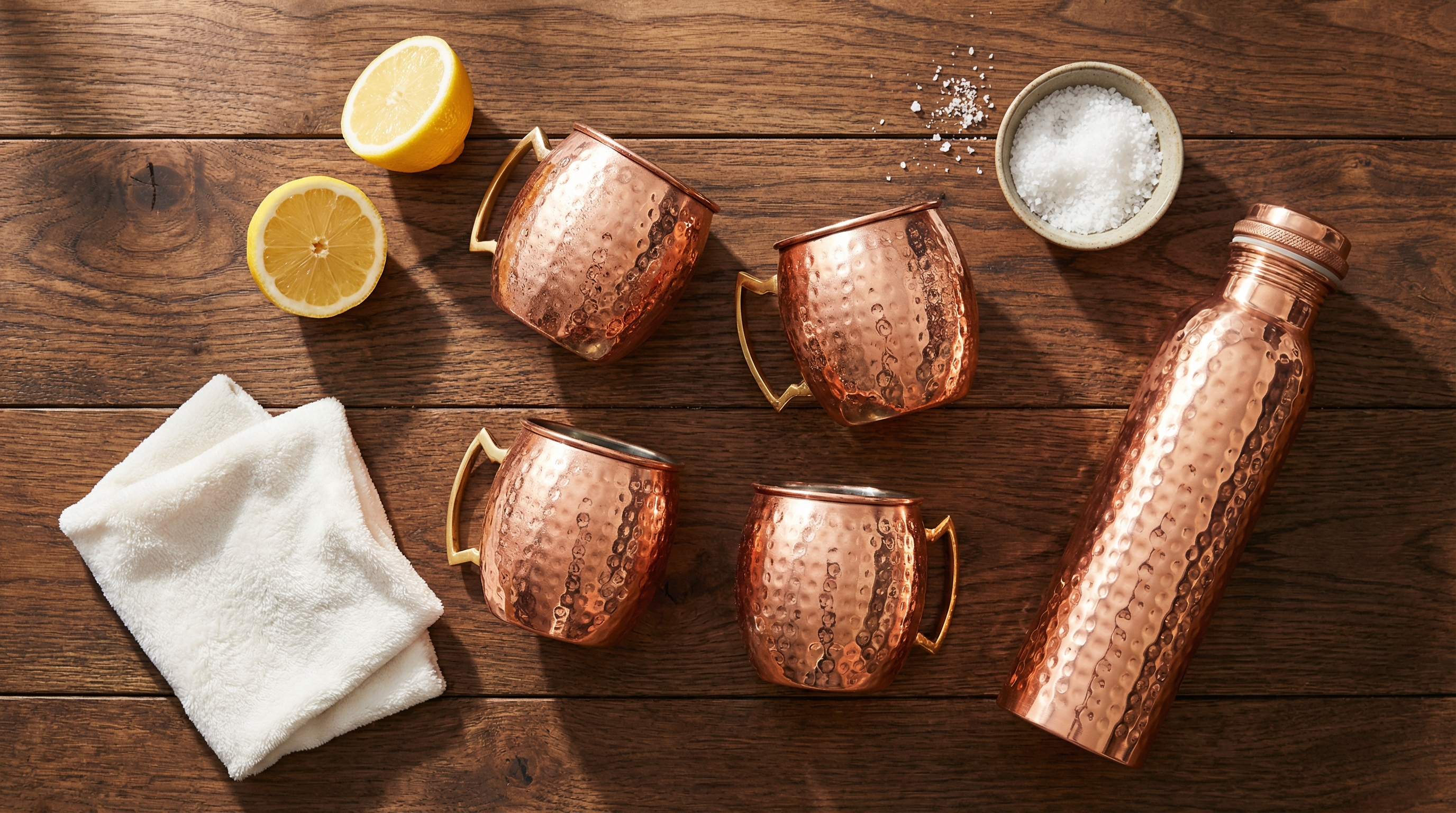 Beautiful flatlay display of hammered copper Moscow Mule mugs, a copper water bottle, a halved lemon, a small bowl of coarse salt, and a soft white polishing cloth, arranged on a rustic dark wood surface. The lighting is bright, natural, and warm, highlighting the polished gleam of the copper. Photorealistic, magazine editorial quality, 8k.
