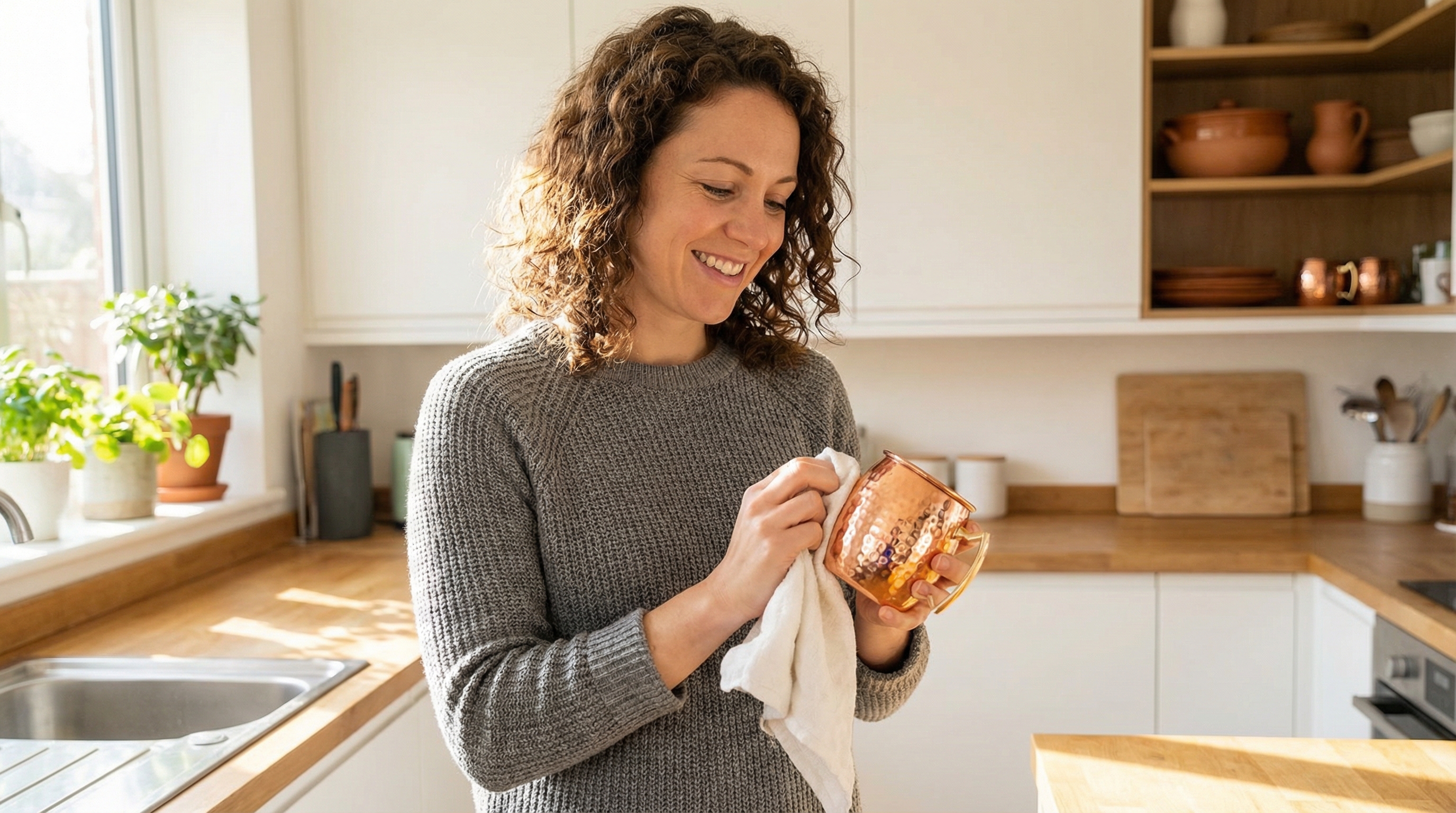 A happy, radiant woman in her early 30s with a genuine smile, carefully drying a gleaming hammered copper mug with a soft white cloth in a bright, modern kitchen. Natural light streams in from a window, catching the warm tones of the copper. This is a candid, authentic lifestyle shot, not staged. Photorealistic, 8k.