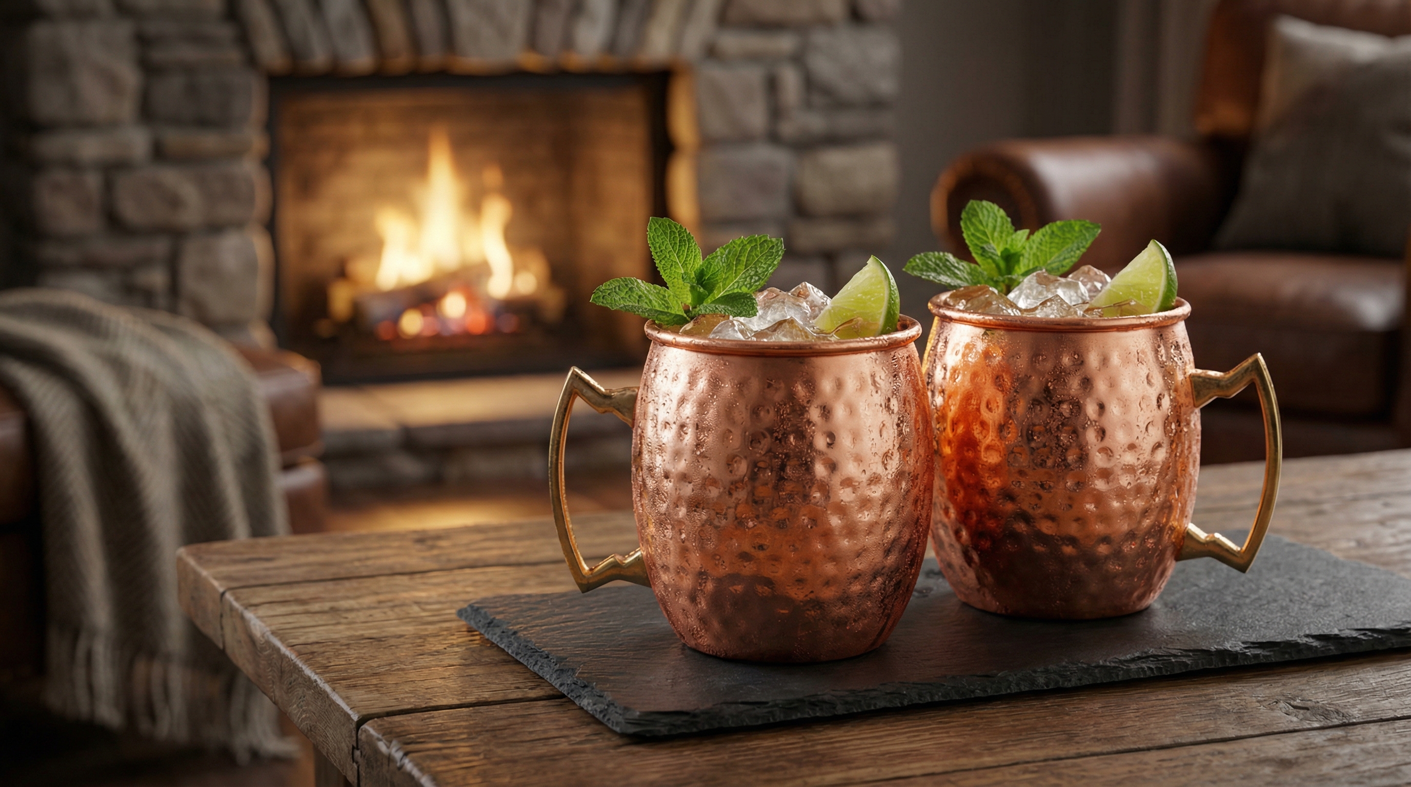 Two hammered copper Moscow Mule mugs, filled with ice and a vibrant cocktail, garnished with fresh mint and a lime wedge. They are placed on a slate coaster next to a cozy, gently crackling fireplace. The scene evokes warmth, relaxation, and sophisticated comfort. The focus is on the product in an aspirational lifestyle setting. Photorealistic, 8k.