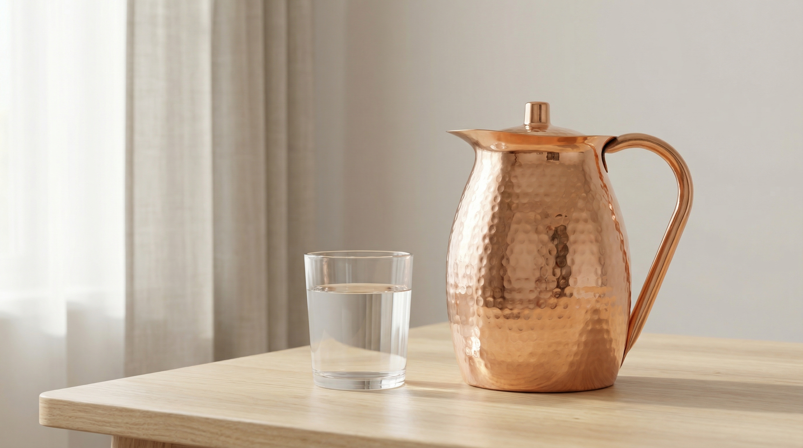 Minimalist wellness scene featuring a beautiful hammered copper water pitcher and a simple glass of water resting on a light-colored natural wood surface. Soft, diffused daylight streams in from an off-camera window, casting gentle shadows and highlighting the warm, lustrous tones of the copper. The background is a calm, neutral-toned, out-of-focus room, creating a clean, tranquil, and pure atmosphere. Photorealistic, high-end magazine editorial quality, 8k.