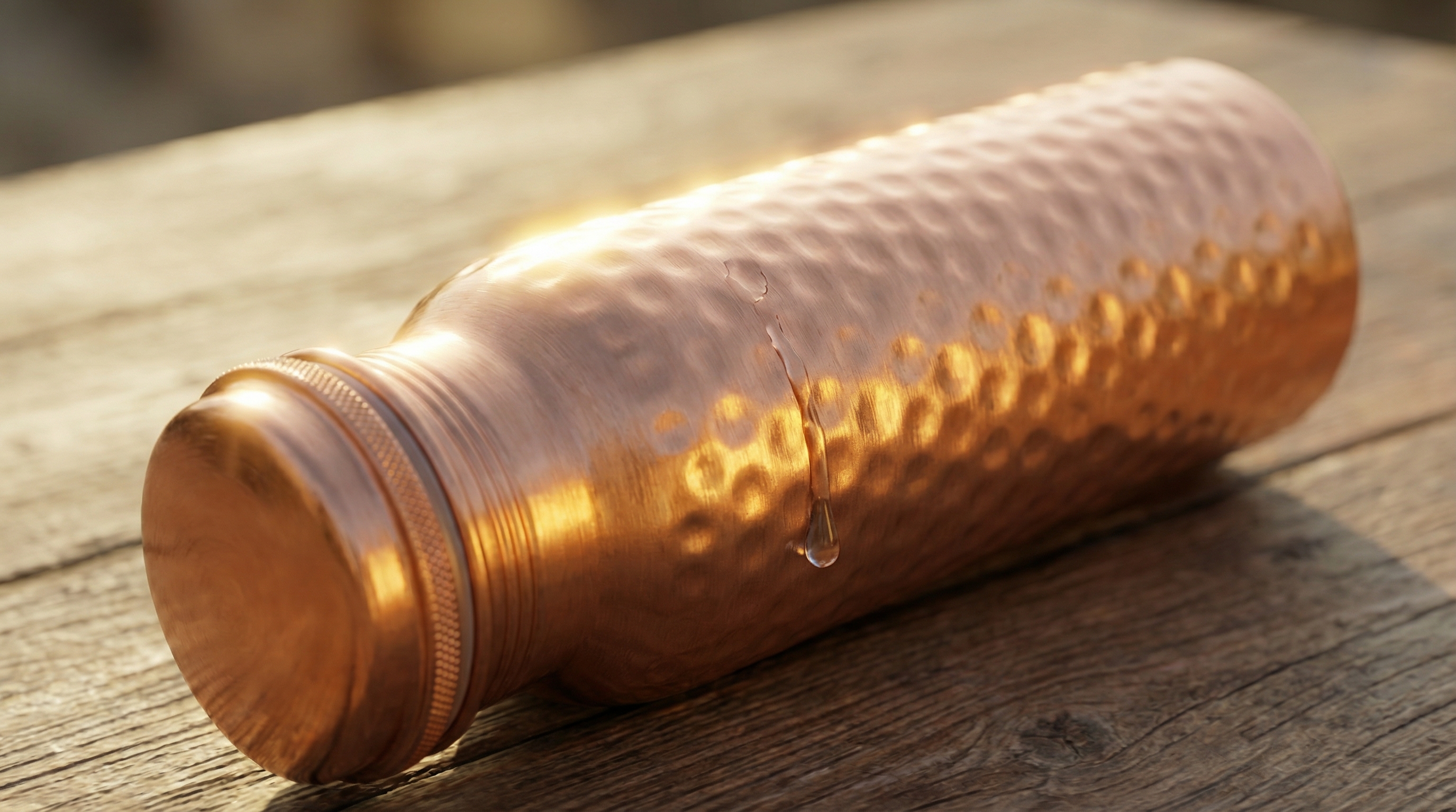 Detailed close-up of a hammered copper water bottle with a screw-top lid, cylindrical body with small hammered dents, and a polished classic copper finish. The bottle is angled on a rustic wooden table, catching the warm morning sunlight which creates a beautiful flare and highlights the texture. A single drop of water trickles down its side. The background is softly blurred, emphasizing the craftsmanship and purity of the vessel. Photorealistic, macro shot, 8k.
