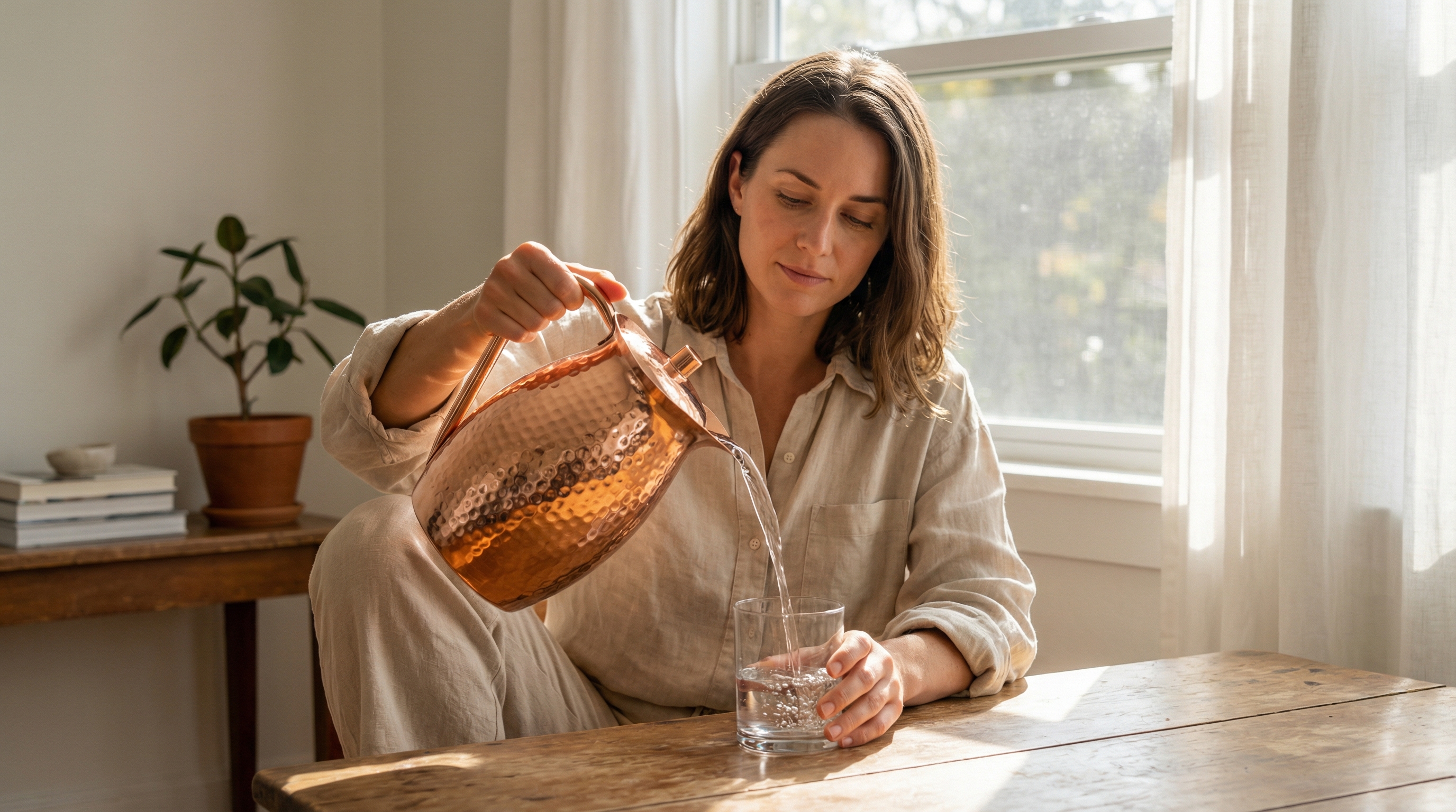 A relaxed American caucasian woman in her early 30s, dressed in comfortable neutral linen, mindfully pours water from a hammered copper pitcher with a large, flowing, C-shaped smooth copper handle into a clear glass. She is in a quiet, sunlit home setting with minimalist decor. Her expression is calm and focused, embodying a moment of intentional self-care. The shot captures the graceful arc of the water. Photorealistic, candid lifestyle photography, 8k.
