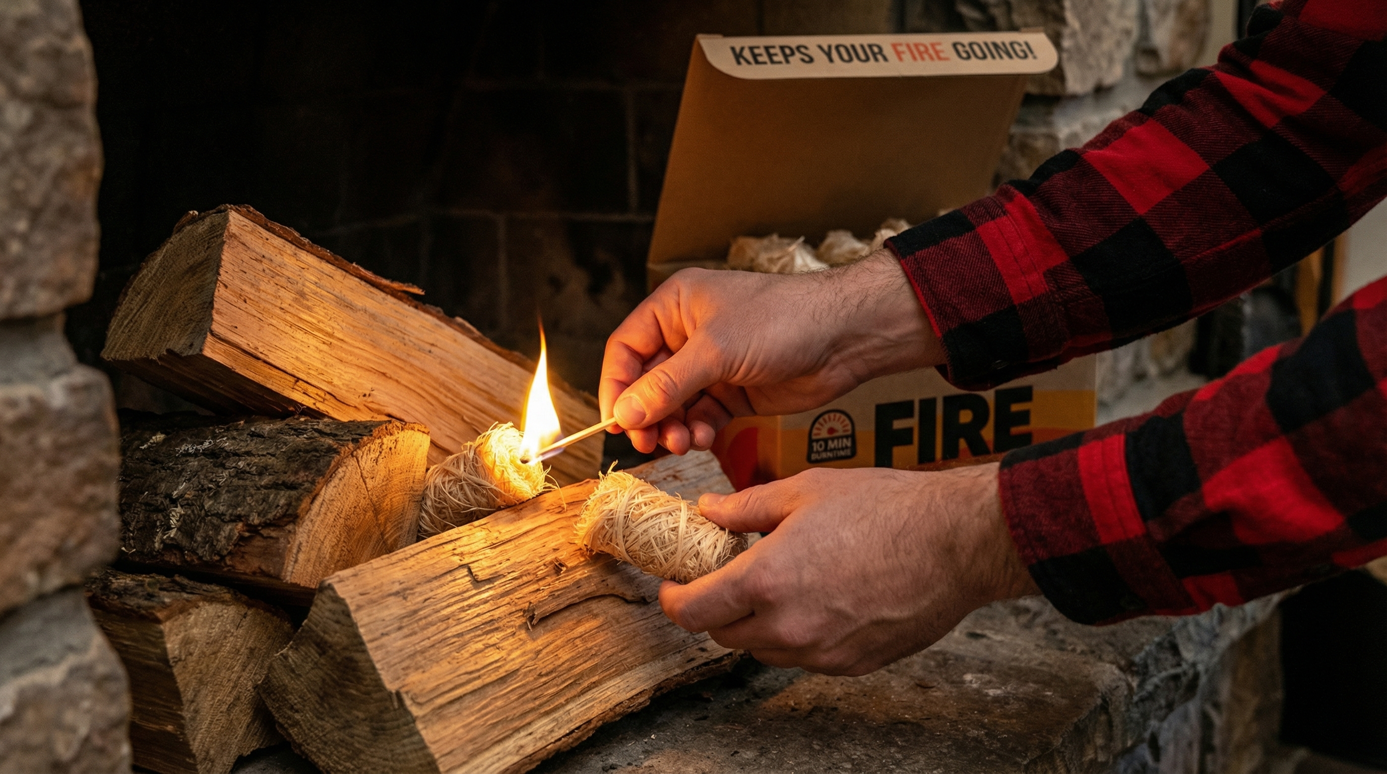 A close-up action shot of a man's hands, wearing a flannel shirt, easily lighting a Moscow Mix natural wood wool fire starter nestled among logs in a fireplace. A single, bright flame is just catching. The shot is candid and focused on the simplicity and effectiveness of the product, with the warm glow of the emerging fire illuminating the scene. Photorealistic, authentic lifestyle photography, 8k.