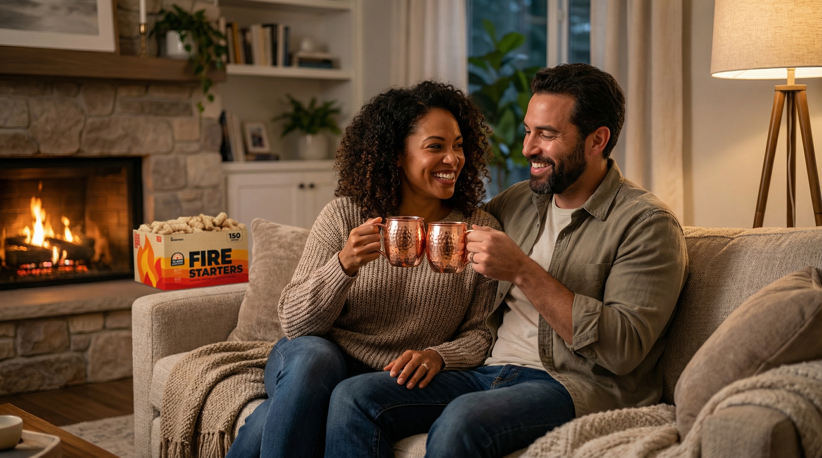 A happy, diverse couple in their late 30s, clinking their hammered copper mugs with curved C-shaped copper handles and polished rose-gold finish, in a toast. They are sitting on a comfortable sofa in a stylishly decorated living room with a softly lit fireplace in the background. Their smiles are genuine, capturing a moment of shared joy and cozy intimacy during an evening at home. Photorealistic, candid lifestyle photography, 8k.