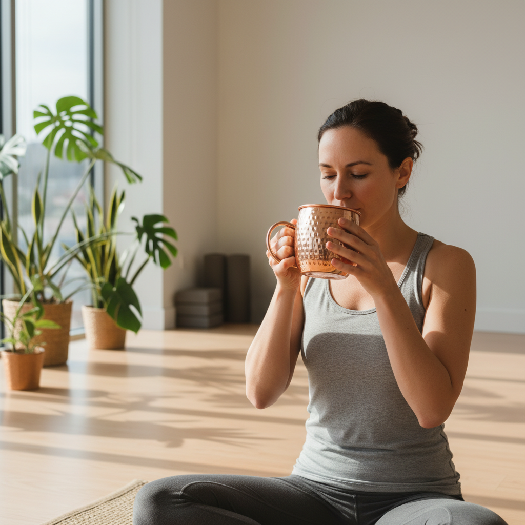 A serene woman in her early 30s with a calm, thoughtful expression, sipping water from a hammered copper mug with a thick curved C-shaped solid copper handle, barrel-shaped body with dense small hammered dents, highly polished rose-gold copper finish. She is sitting in a minimalist, sun-drenched yoga studio with a large window and green plants, emphasizing health and wellness. Warm natural lighting, photorealistic, magazine editorial quality, 8k.