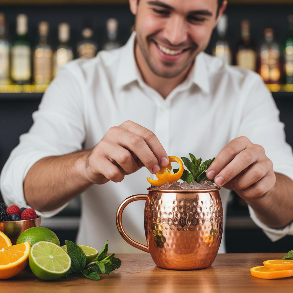 Close-up shot of a happy, focused male bartender in a crisp white shirt, meticulously garnishing a cocktail in a hammered copper mug with a thick curved C-shaped solid copper handle. His smile is genuine as he works, surrounded by fresh ingredients on a clean, upscale bar top. The image highlights the clean, polished appearance of the metal, photorealistic, candid lifestyle photography, 8k.