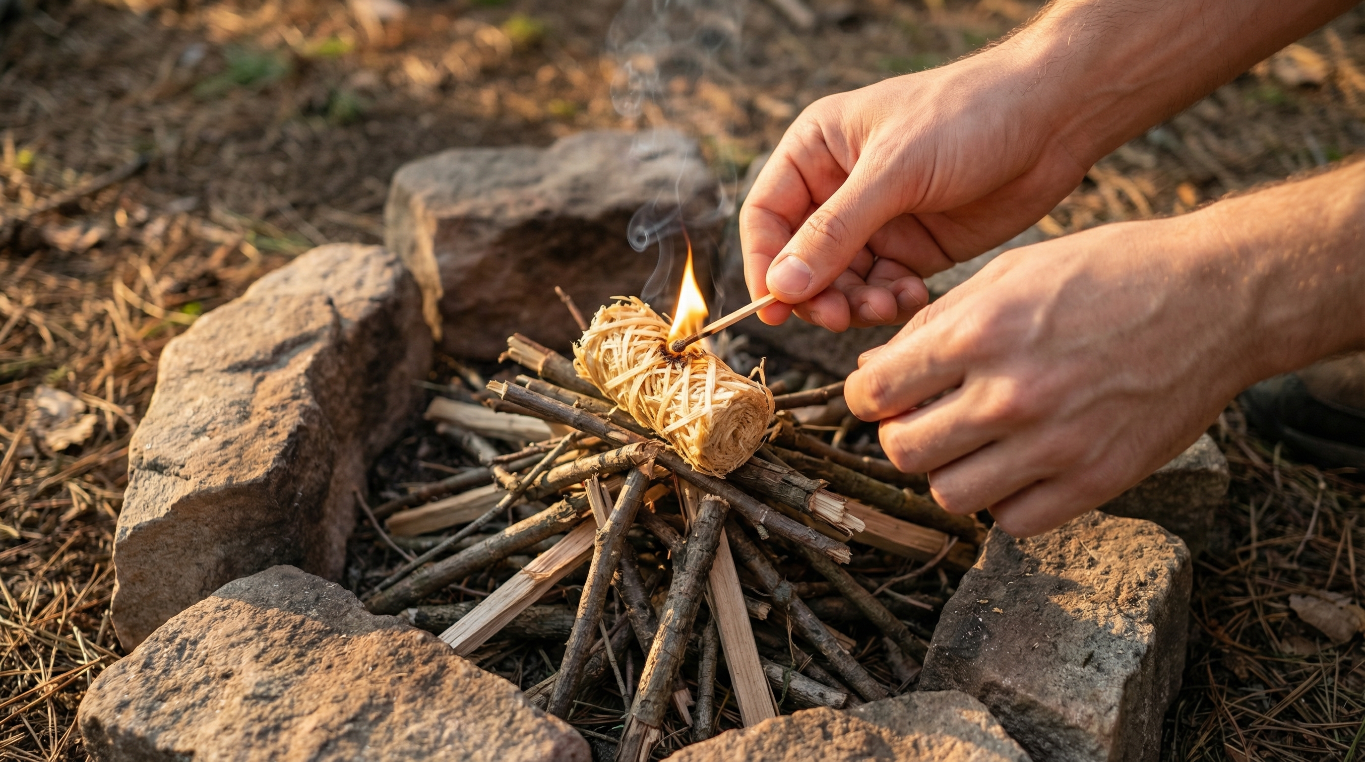 Close up overhead shot of a happy person's hands holding a lit match to a single natural wood wool fire starter next to a small, neat pile of dry kindling inside a campfire ring. The hands are clean and the scene looks effortless and well-prepared. The lighting is warm and golden, suggesting early morning or late afternoon. Candid lifestyle photography, photorealistic, 8k.
