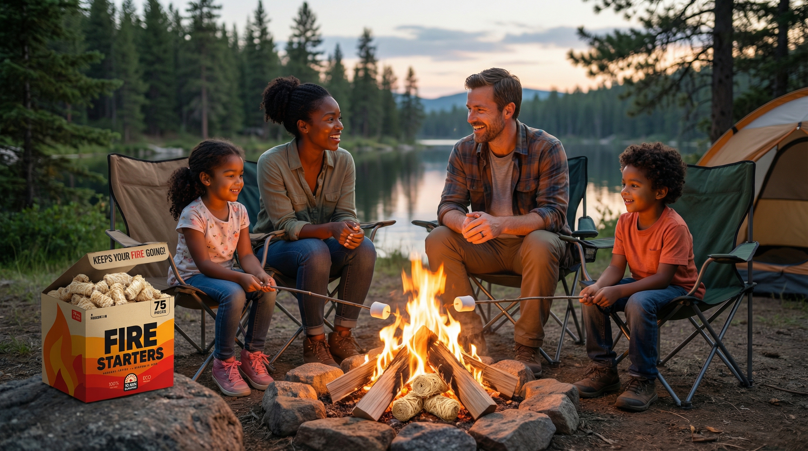 A happy, diverse family of four enjoying a beautiful evening campfire at a scenic campground. The parents are sitting in camp chairs, smiling and talking, while two young children safely roast marshmallows on sticks. The fire is burning brightly and cleanly, creating a warm, inviting glow on their faces. The mood is joyful and connected. Photorealistic, magazine editorial quality, 8k.