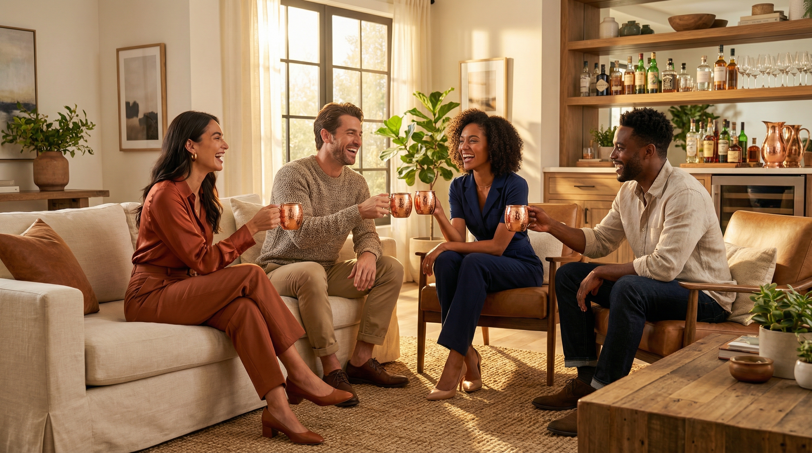 A diverse group of four stylish friends in their early 30s, laughing together in a beautifully decorated modern living room with a home bar in the background. They are holding highly polished hammered copper Moscow Mule mugs with gracefully curved C-shaped pure copper handles. The scene is filled with warm, golden hour lighting, creating a convivial and aspirational atmosphere. Photorealistic, magazine editorial quality, 8k.