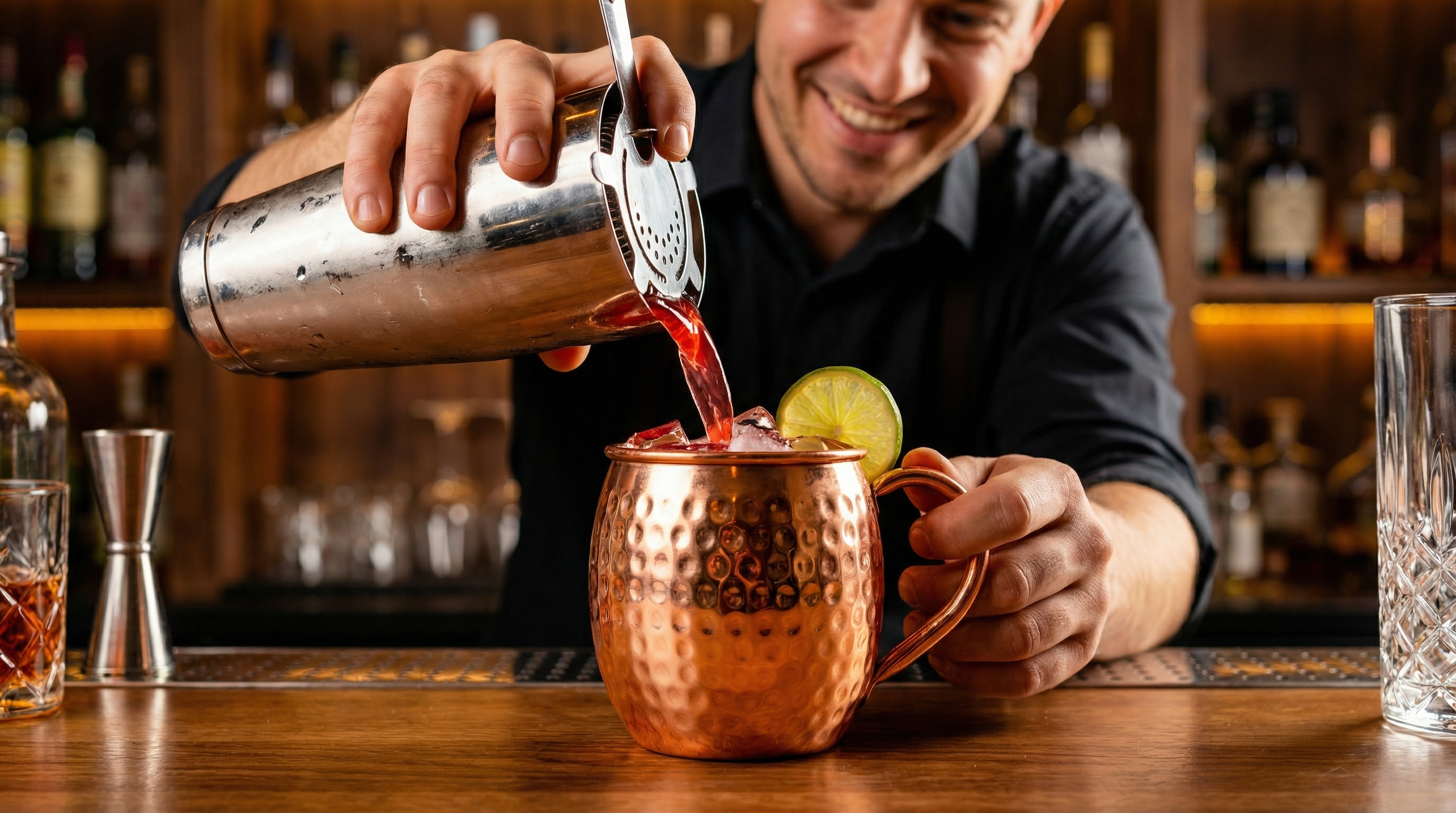A close-up shot of a professional bartender's hands, carefully pouring a vibrant cocktail from a shaker into a highly polished hammered copper Moscow Mule mug. The bartender has a happy, focused expression. The mug, with its curved C-shaped handle and small hammered dents, is the star of the shot. The background is a stylish, softly lit bar. Candid lifestyle photography, photorealistic, 8k.