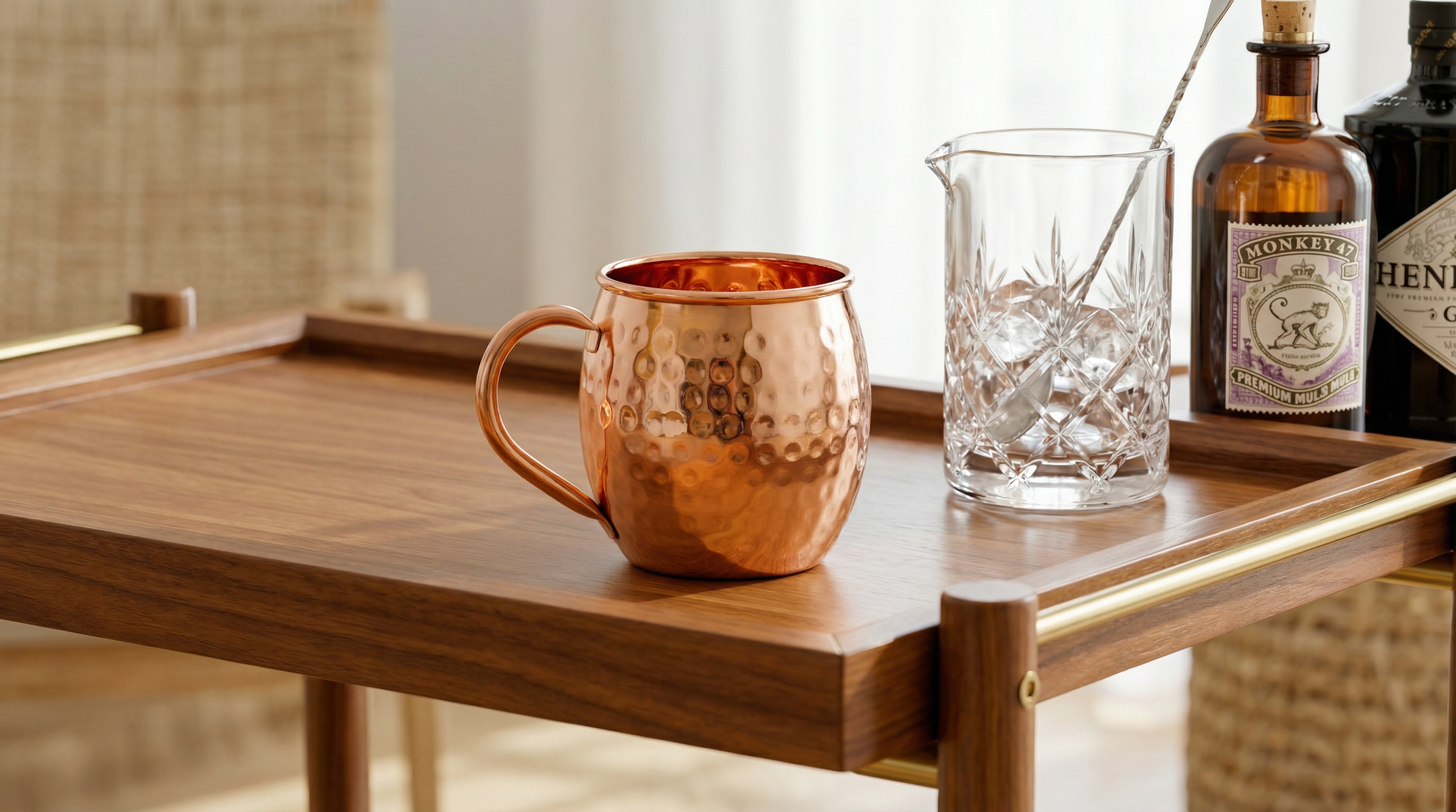 A single, pristine hammered copper Moscow Mule mug with a curved C-shaped handle sits on the corner of a stylish wooden bar cart. Next to it are a crystal mixing glass and a bottle of premium gin. The background is clean and slightly blurred, emphasizing the elegant design of the mug. The vibe is minimalist, clean, and aesthetic, shot in soft natural light. Product-focused photography, 8k.