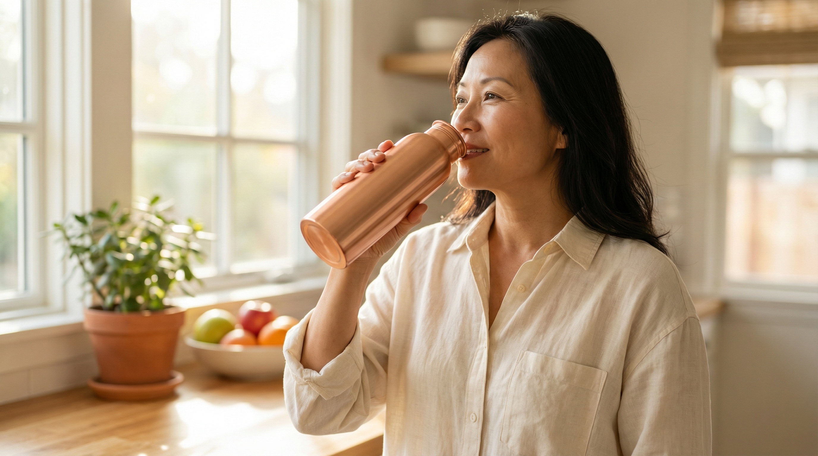 A serene and healthy 50-year-old Asian American woman with a gentle smile, drinking water from a smooth, brushed pure copper water bottle in her bright, sunlit kitchen. She is dressed in comfortable linen, conveying a sense of calm wellness and a mindful morning ritual. Photorealistic, authentic lifestyle photography, 8k