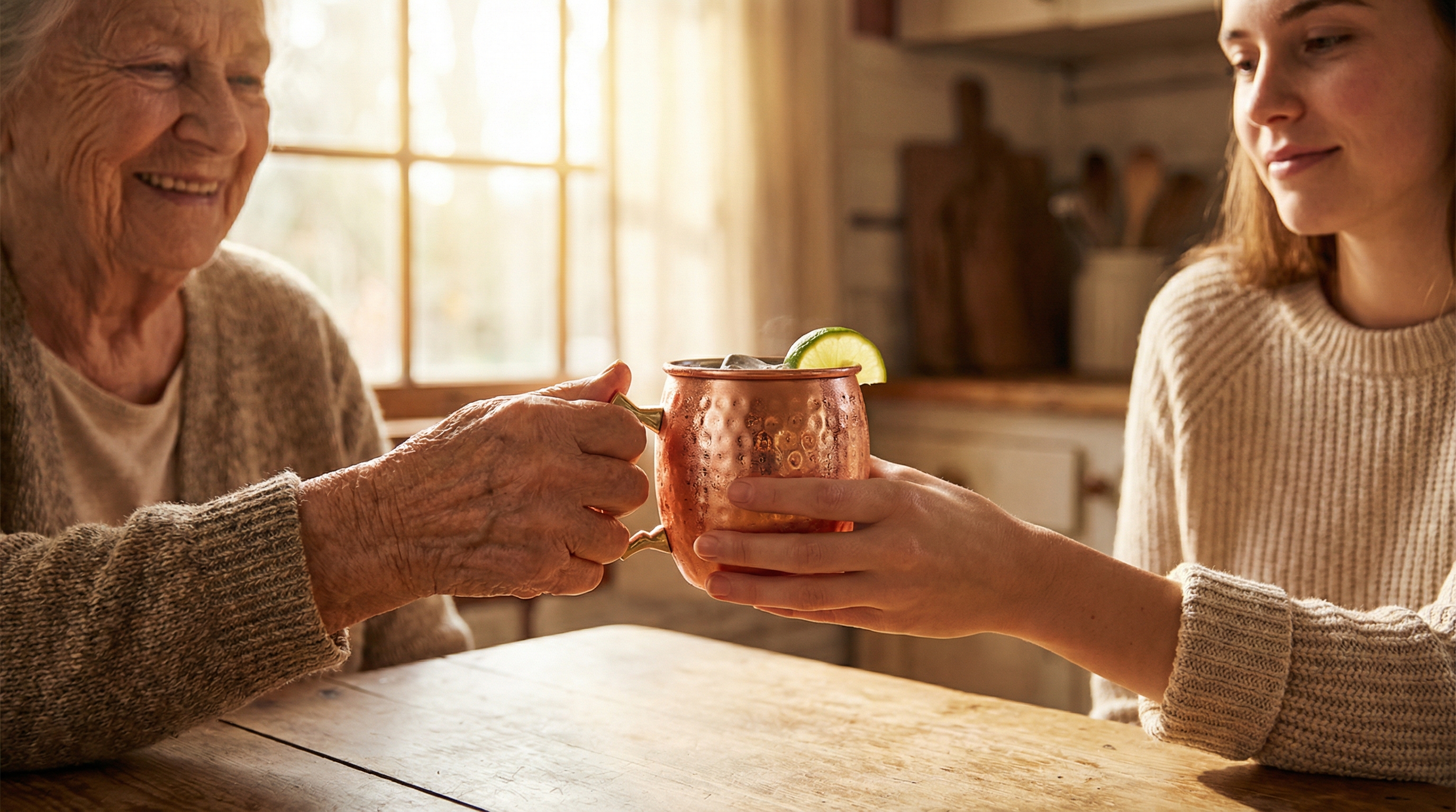 A warm and cozy, slightly nostalgic photograph of an elderly grandmother with a kind smile and elegant hands, passing a glistening, brand-new hammered copper Moscow Mule mug filled with a cocktail and garnished with lime to her young adult granddaughter across a rustic wooden kitchen table. The scene is filled with soft, golden afternoon light, highlighting the connection between generations. The focus is on their hands and the mug, symbolizing the passing of a tradition. Photorealistic, magazine editorial quality, 8k.