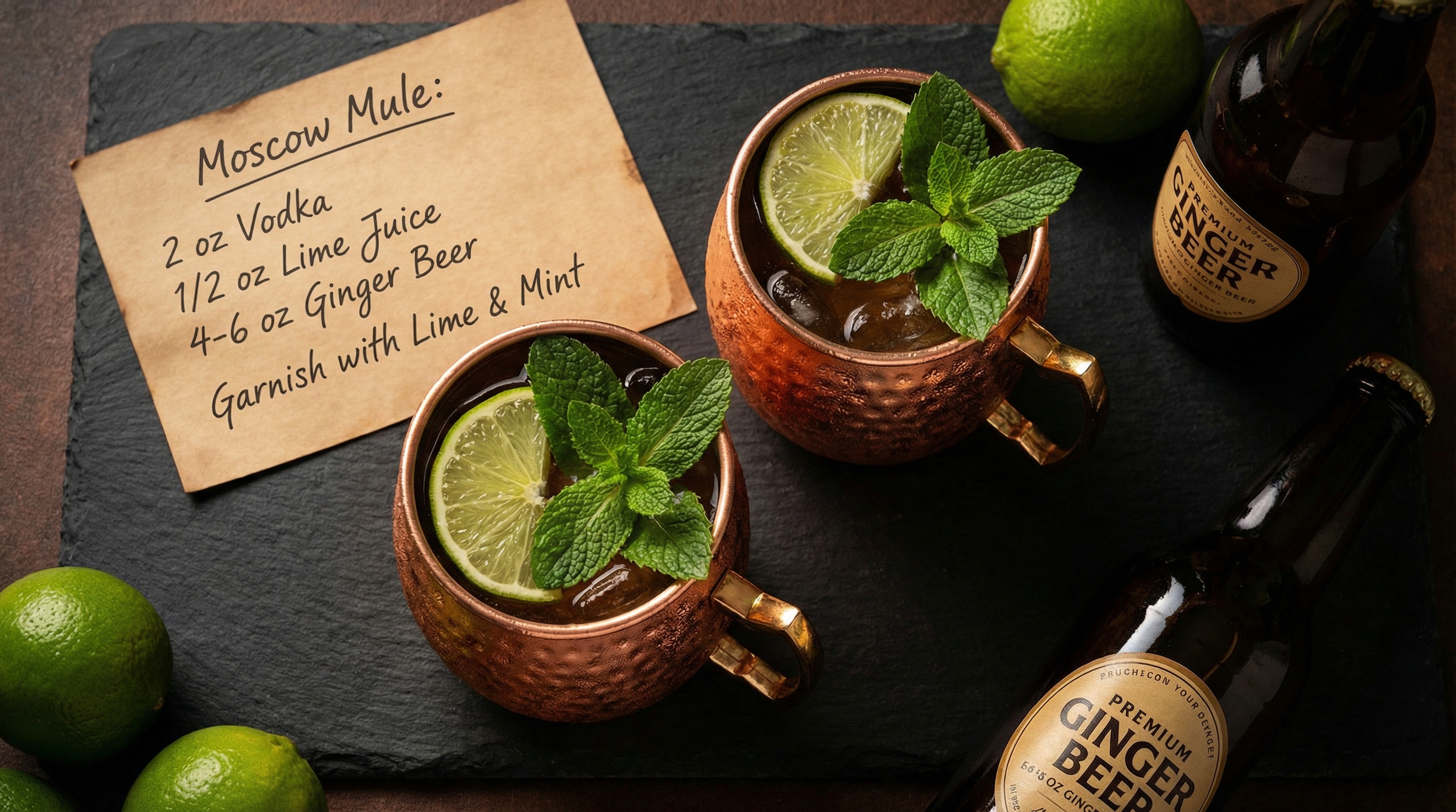 An elegant, top-down flat lay shot of two finished Moscow Mules in highly polished hammered copper mugs, sweating with condensation. The mugs are garnished with vibrant green lime wedges and fresh mint sprigs. They sit on a dark slate surface next to a handwritten recipe card on aged paper, a bottle of premium ginger beer, and a scattered handful of whole limes. The lighting is dramatic and warm, creating a sophisticated and inviting mood. Photorealistic, food photography style, 8k.