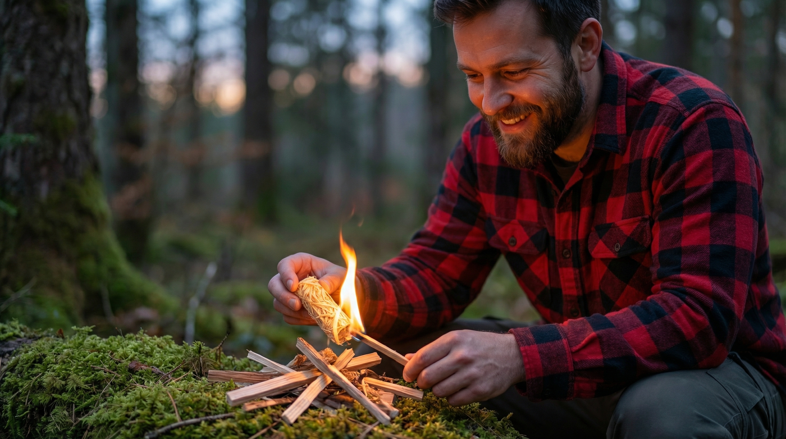 A happy, relaxed man with a beard, wearing a flannel shirt, kneels in a beautiful forest setting at dusk. He is effortlessly lighting a small pile of kindling with a single natural wood wool fire starter, a small, steady flame blooming from it. His expression is one of genuine satisfaction and ease, embodying the simplicity and reliability of the product. The scene is shot with a shallow depth of field, focusing on his hands and the fire starter, with the warm glow of the nascent fire illuminating his smiling face. Candid lifestyle photography, photorealistic, 8k.