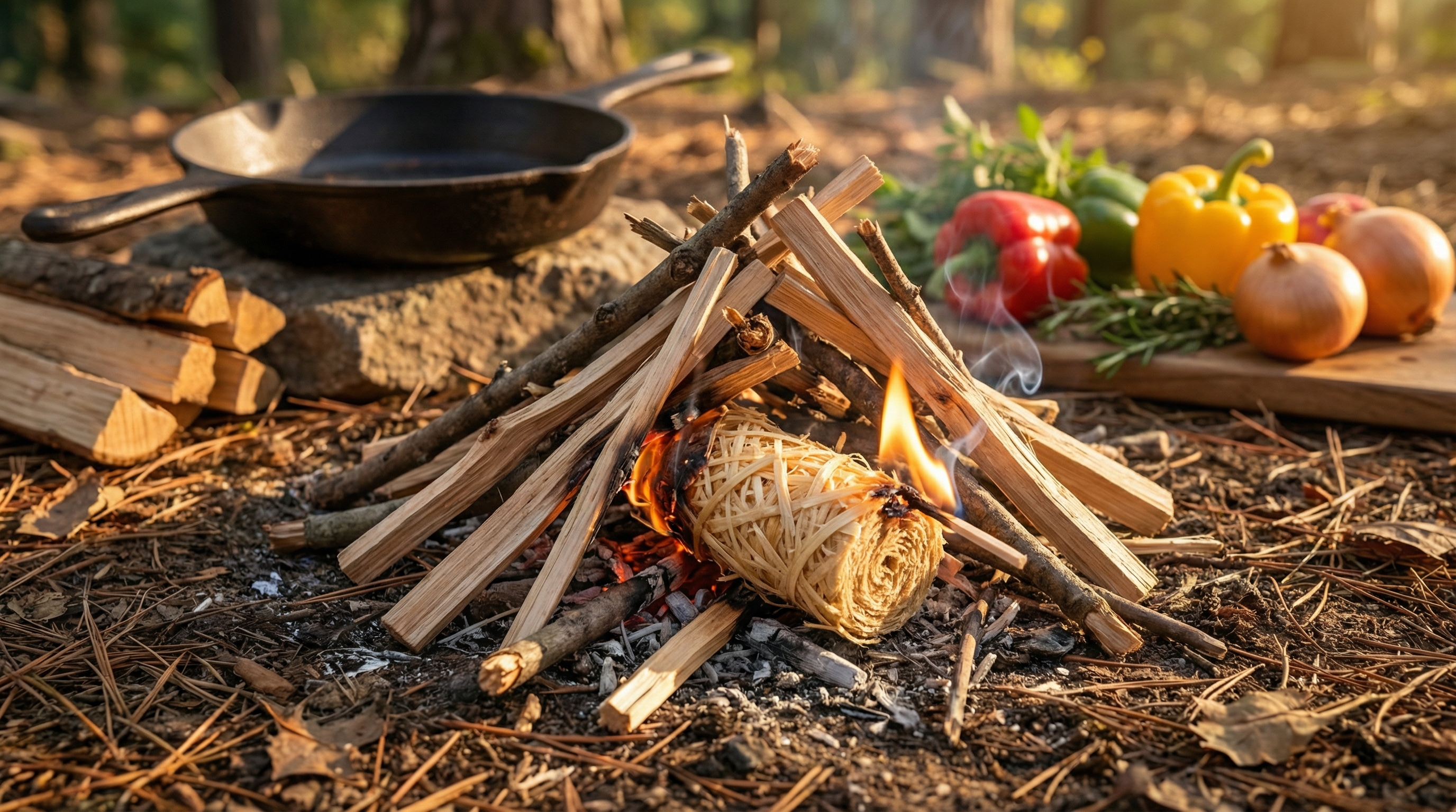 A close-up, artistic shot of a campfire being prepared for cooking. A single natural wood wool fire starter is nestled amongst carefully arranged kindling, its flame just beginning to catch and spread. In the background, slightly out of focus, sits a rustic cast-iron skillet and some fresh vegetables, hinting at the meal to come. The image conveys themes of preparation, self-sufficiency, and the delicious potential of cooking over a natural fire. Warm, golden hour light, macro details, photorealistic.