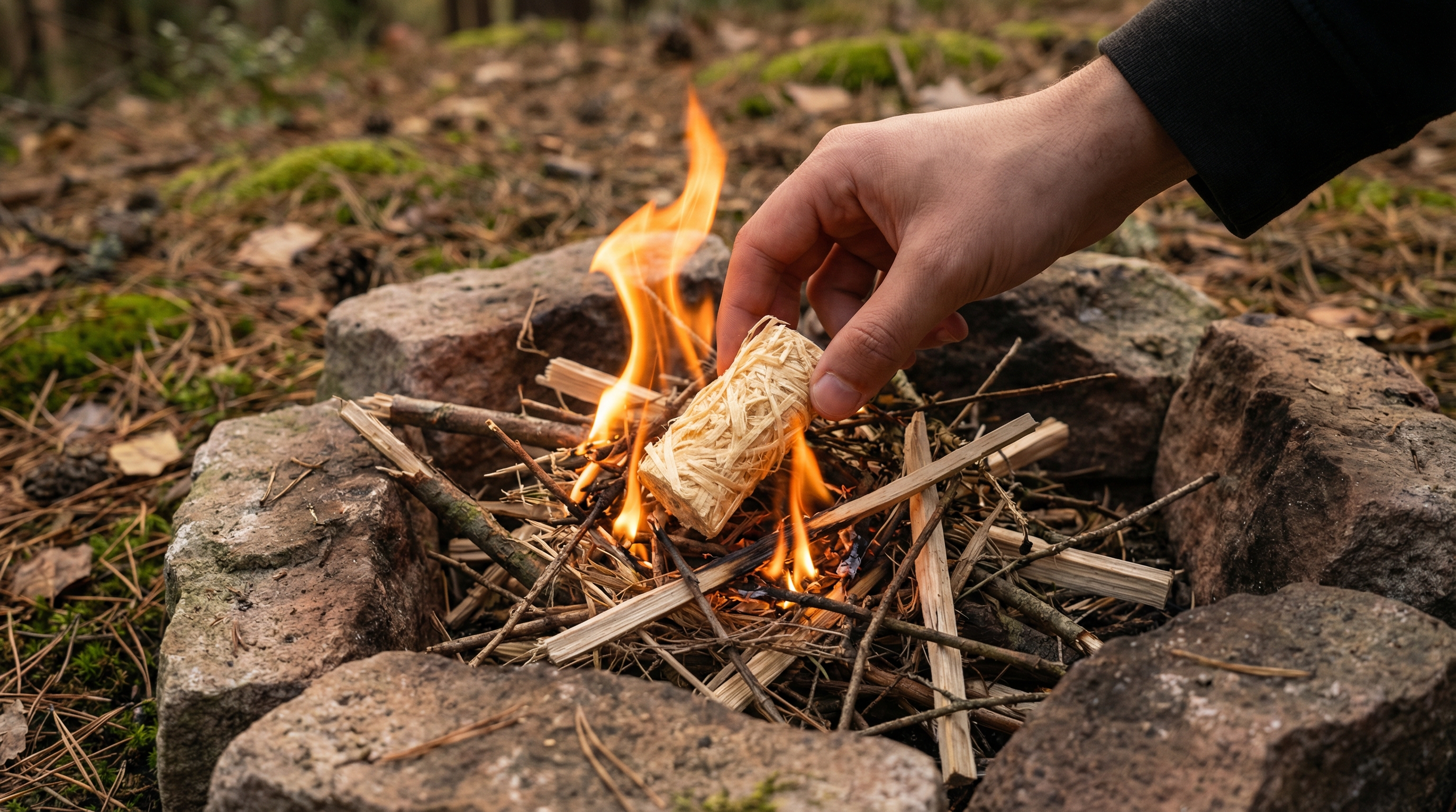 A close-up, over-the-shoulder shot of a person's hand carefully placing a small, dense, cylindrical natural fire starter made of compressed light-blonde wood wool shavings into a nest of kindling within a stone fire pit. The first bright orange flames are just beginning to lick at the wood, showing the starter's effectiveness. The background is a soft-focus forest floor. Photorealistic, candid lifestyle photography, 8k.