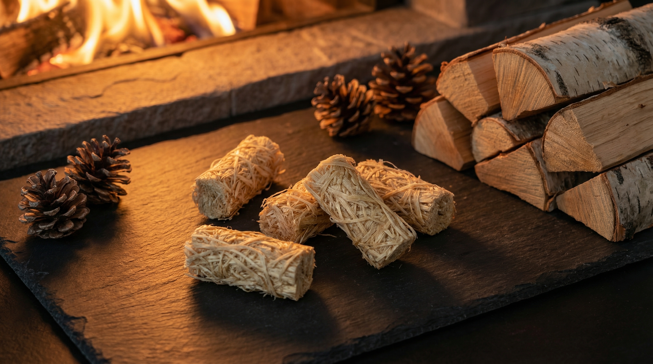 A beautifully arranged, rustic flat lay of several Moscow Mix natural wood wool fire starters on a dark slate surface next to a stack of perfectly split birch firewood and a few pinecones. The scene is illuminated by the warm, soft light of a nearby fireplace, creating long shadows and a cozy, hygge atmosphere. Macro detail on the fibrous texture of the fire starters, product-focused, understated elegance, 8k.