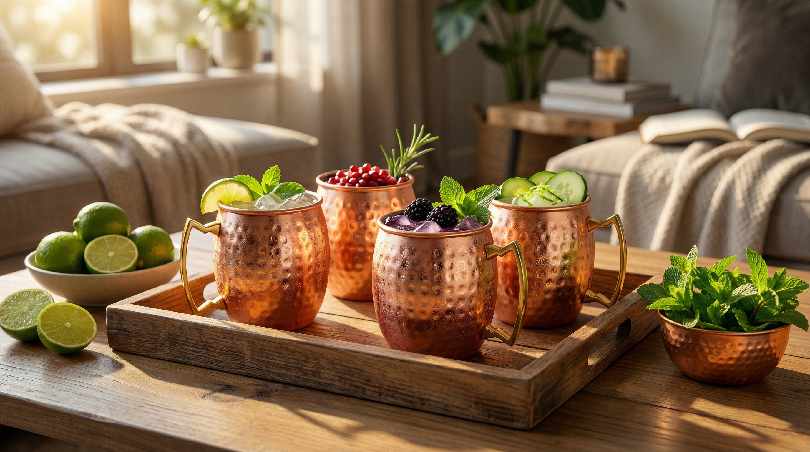 A stylish tabletop scene featuring four hammered copper mugs with angular polished brass handles, each filled with a different colored Moscow Mule variation and unique garnish. The mugs are arranged on a rustic wooden tray next to a bowl of fresh limes and a small copper bowl of mint. The setting is a cozy, modern living room with warm, inviting afternoon light filtering through a window. Inviting cocktail photography, shallow depth of field, 8k.