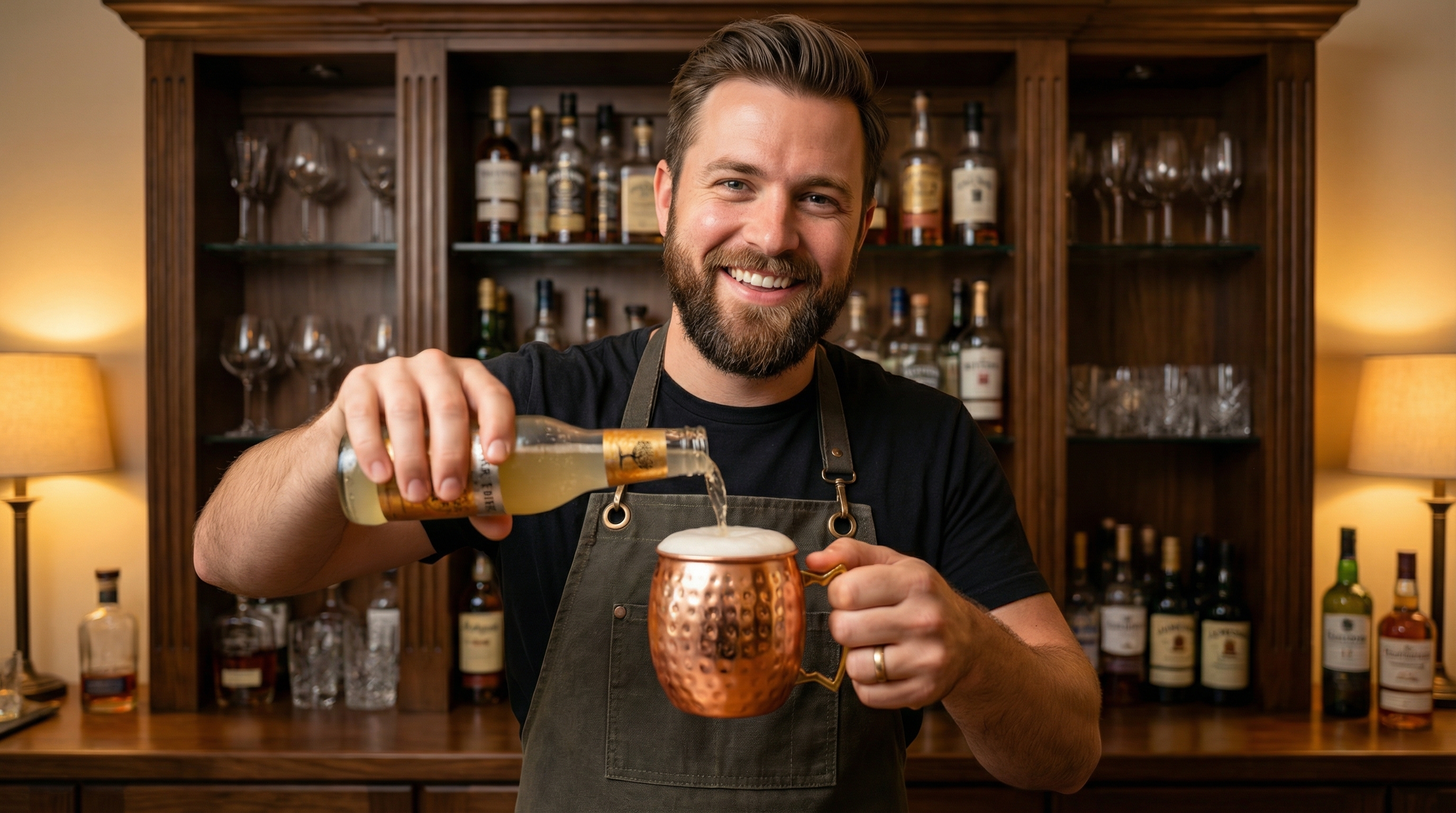 A happy, smiling bartender in his early 30s with a well-groomed beard, wearing a stylish apron, expertly pouring ginger beer into a hammered copper mug with an angular polished brass handle, creating a fizzy head. The background is a sophisticated home bar with bottles and glassware slightly out of focus. He is looking towards the camera with genuine enjoyment. Photorealistic, candid lifestyle photography, warm ambient lighting, 8k.