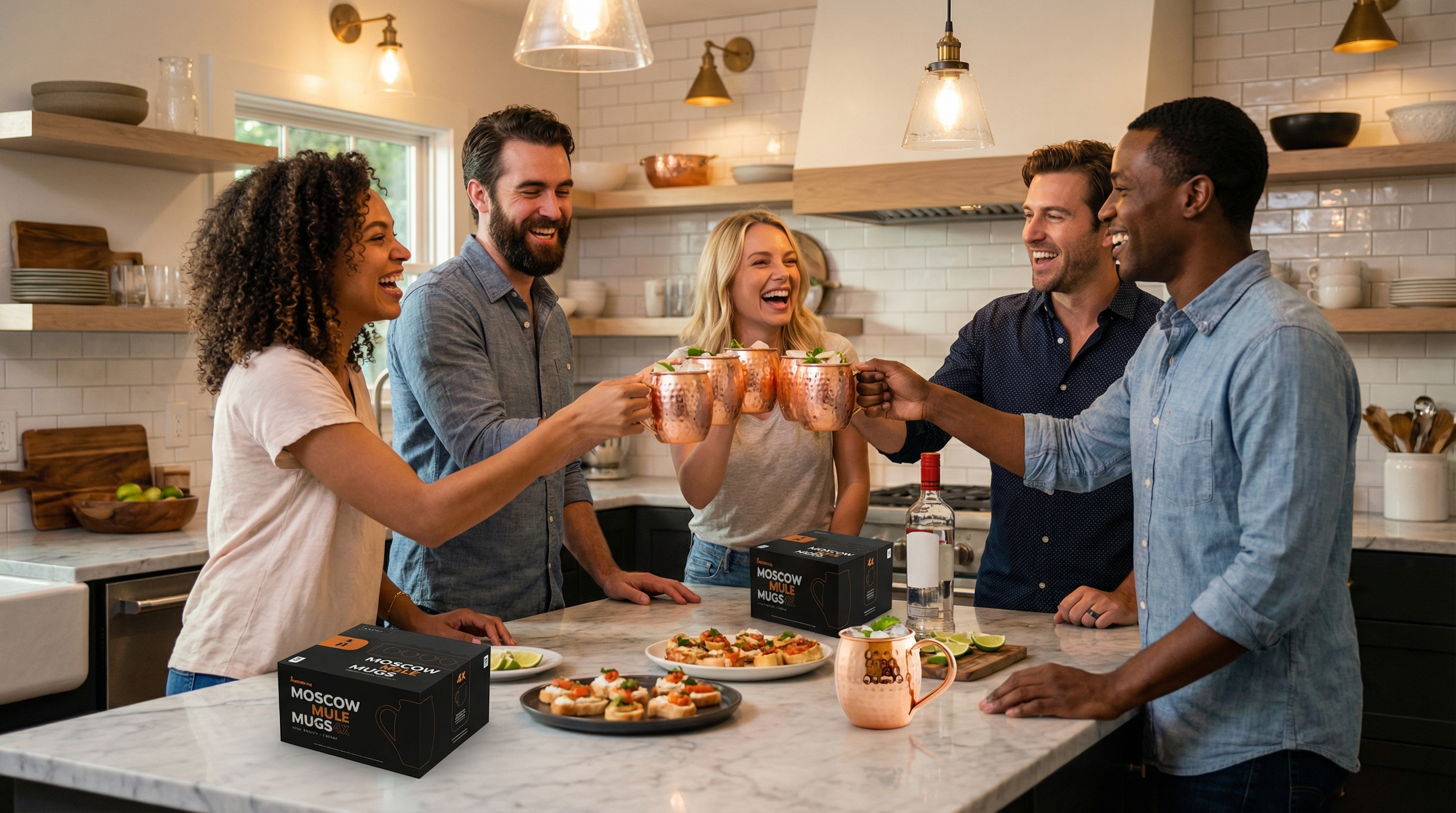 A diverse group of happy friends in their early 30s, laughing and toasting with hammered copper Moscow Mule mugs with curved C-shaped pure copper handles. They are gathered in a stylish, modern kitchen during a housewarming party. The atmosphere is warm and celebratory. Candid lifestyle photography, genuine smiles, photorealistic, 8k.