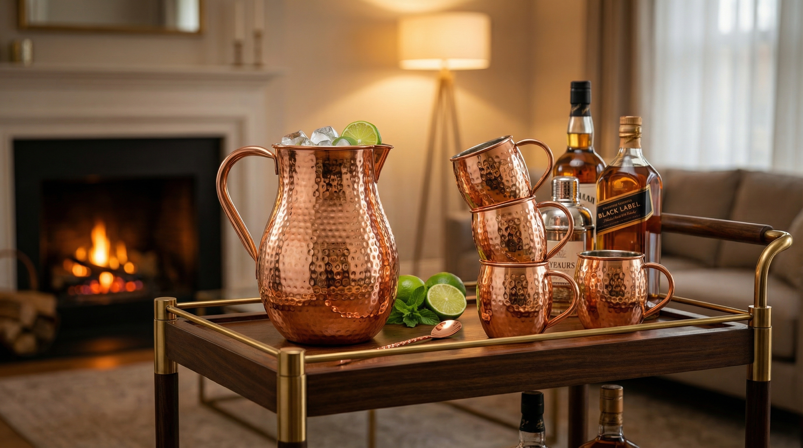 An elegant home bar cart styled with a complete Moscow Mix copper barware set. A polished hammered copper pitcher sits next to a neat stack of matching mugs. The background features a softly lit living room with a cozy fireplace glowing in the distance. The scene is sophisticated, inviting, and showcases the barware as a permanent, beautiful fixture in the home. Warm ambient lighting, lifestyle photography, 8k.