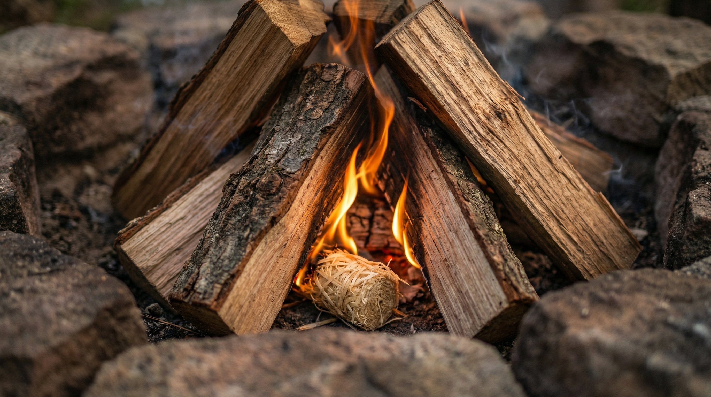 Close-up, dramatic shot of a Moscow Mix natural wood wool fire starter tucked under a pyramid of firewood, bright orange flames are just starting to lick the larger logs, casting a warm, inviting glow. The scene is a rustic outdoor fire pit, with visible textures of wood, stone, and earth. Photorealistic, shallow depth of field, magazine editorial quality, 8k.