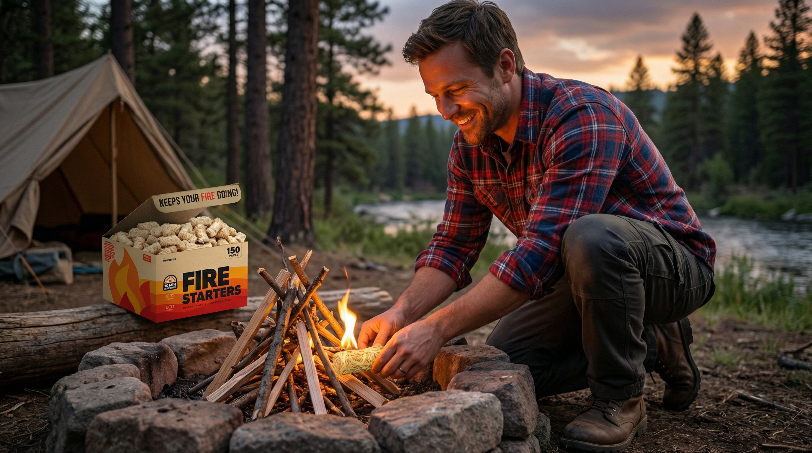 A happy Caucasian man in his 30s with a genuine, relaxed smile, kneeling by an outdoor fire pit. He is carefully placing a natural wood wool fire starter under a stack of kindling, the initial flame just catching. He's dressed in practical, stylish outdoor wear like a flannel shirt. The setting is a beautiful, natural campsite at dusk, with soft, warm lighting. Candid lifestyle photography, photorealistic, 8k.