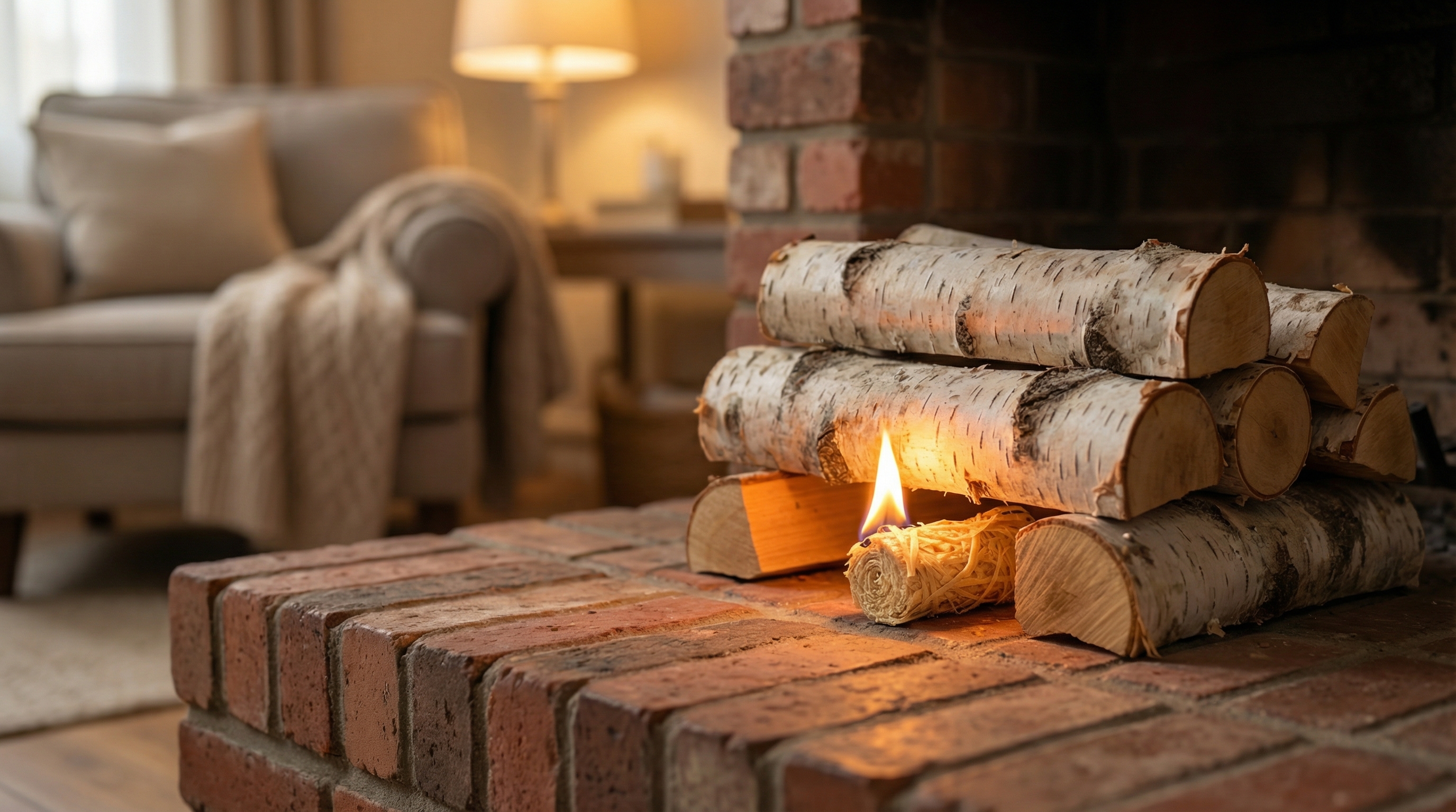 A cozy and clean indoor fireplace scene, focusing on a single natural wood wool fire starter placed neatly under a small stack of birch logs. A small, bright flame has just been lit, casting a warm, gentle light across the clean brick hearth. The overall atmosphere is simple, practical, and inviting, showcasing effortless home comfort. Photorealistic, soft focus on the background, 8k.