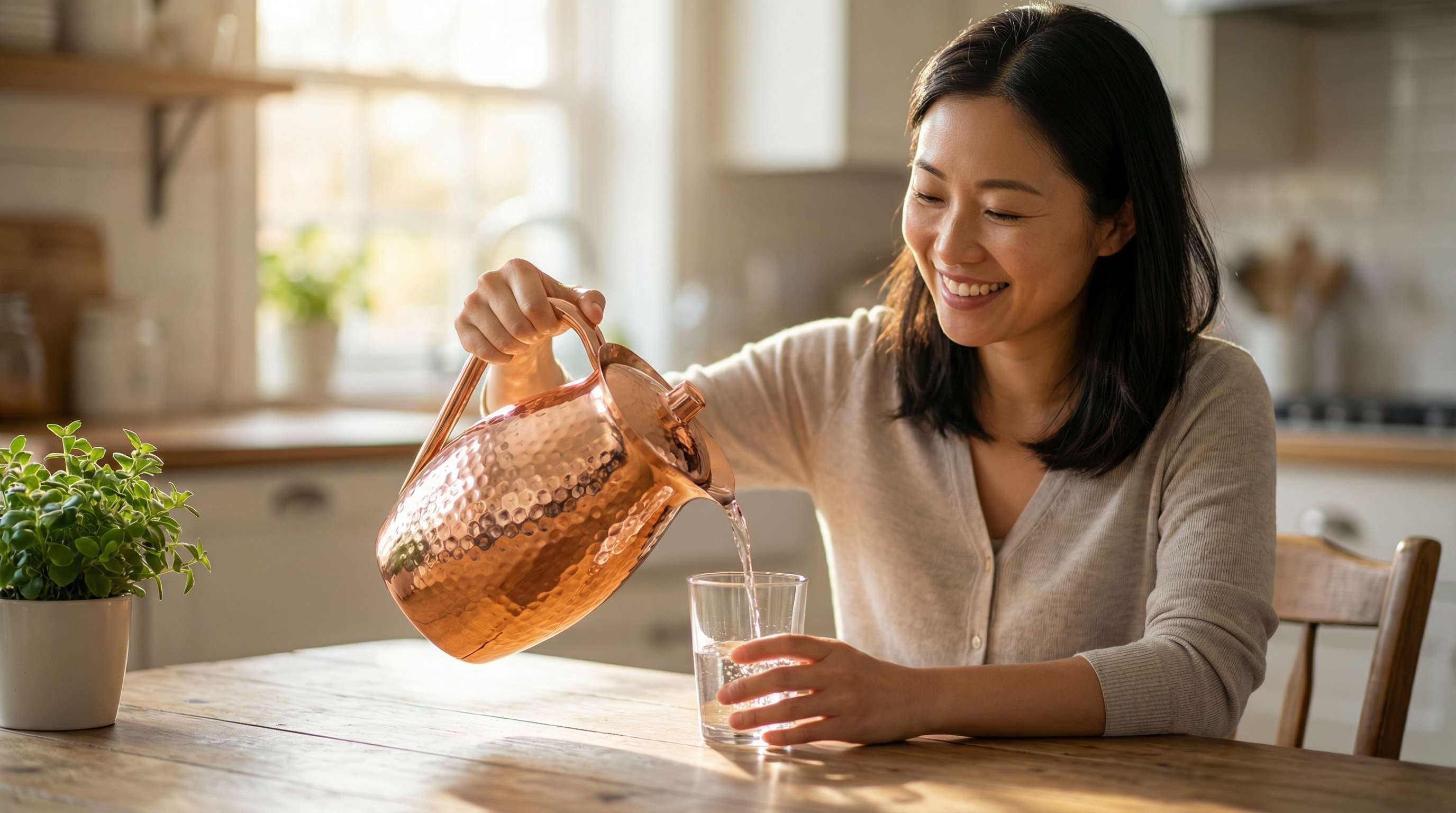 A happy, serene East Asian woman in her early 30s with a genuine smile, pouring water from a hammered copper water jug with a large, flowing, C-shaped solid copper handle, bulbous barrel-shaped body with small hammered dents, highly polished rose-gold copper finish into a glass, sitting at a sunlit wooden kitchen table, uncluttered setting with a small green plant, authentic lifestyle photography, 8k