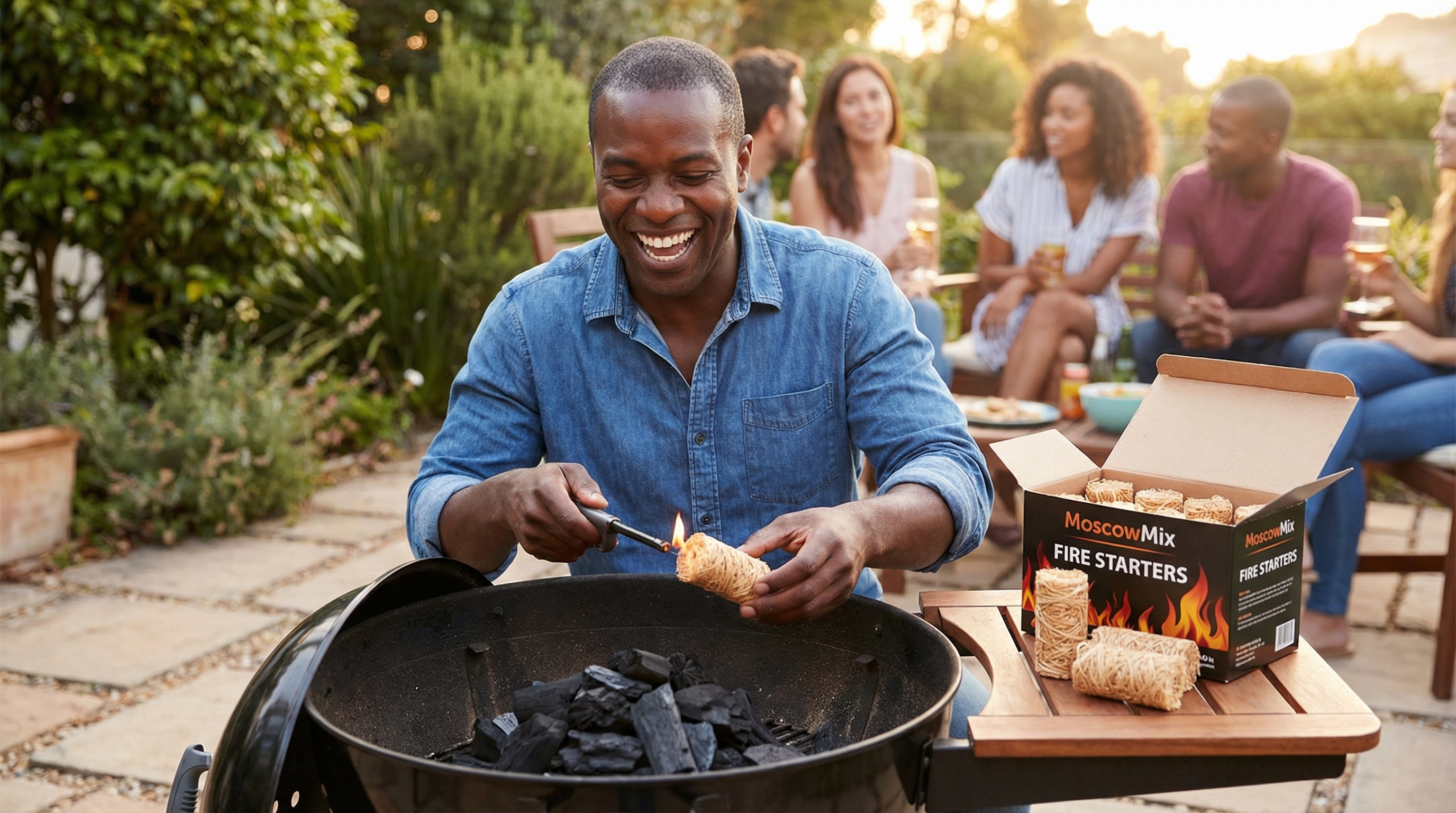 A happy, laughing Black man in his 40s is lighting a charcoal BBQ grill on a beautiful backyard patio, using a natural fire starter. Friends are blurred in the background, enjoying drinks. The scene is full of genuine joy and represents effortless outdoor entertaining. Candid lifestyle photography, 8k.