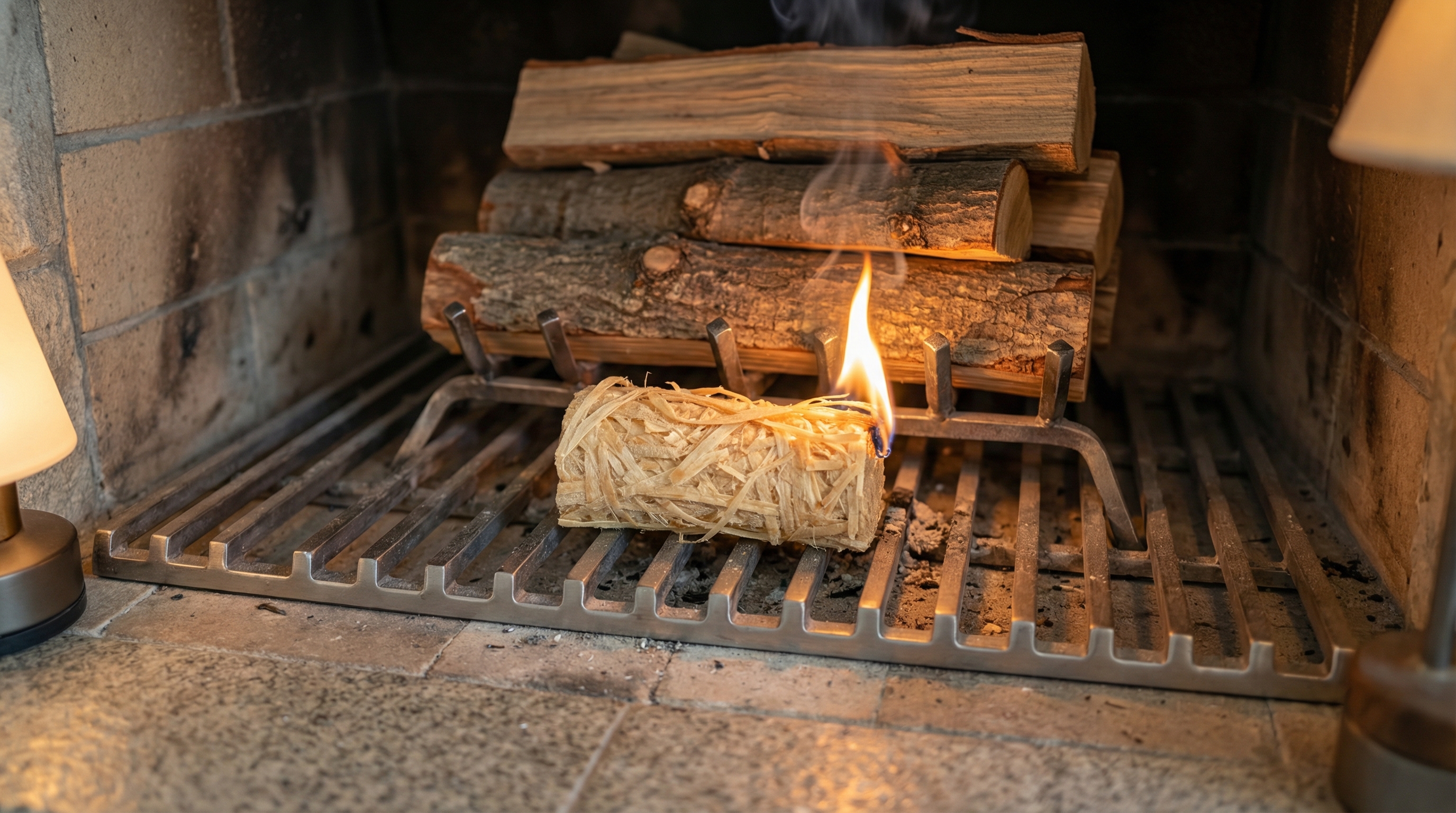 Close-up shot of a single natural fire starter made of light-colored wood wool shavings placed inside a home fireplace beneath stacked logs, a small flame beginning to catch, clean and simple setup highlighting the product's efficiency and simplicity. Warm, focused lighting, photorealistic detail, 8k.