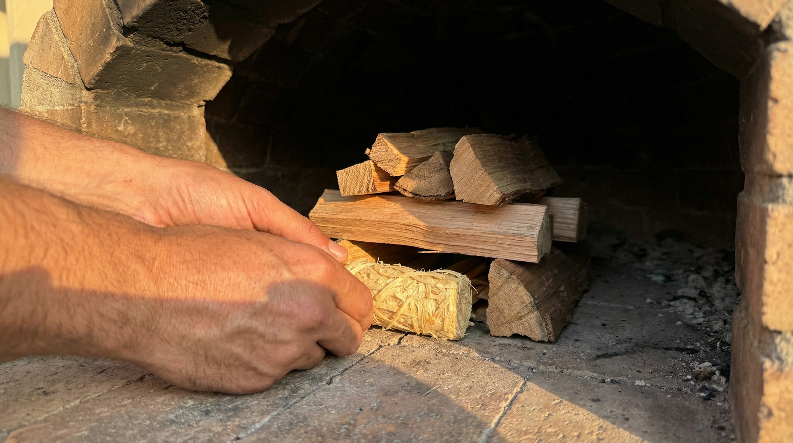 A person's hands carefully placing a natural wood wool fire starter under a small, neat stack of kiln-dried hardwood inside a brick pizza oven. The scene is shot from a low angle, looking into the oven's dark interior, with the warm, golden light of late afternoon casting a glow on the rustic oven exterior. The focus is sharp on the texture of the fire starter and the wood. Photorealistic, editorial food magazine style, 8k.