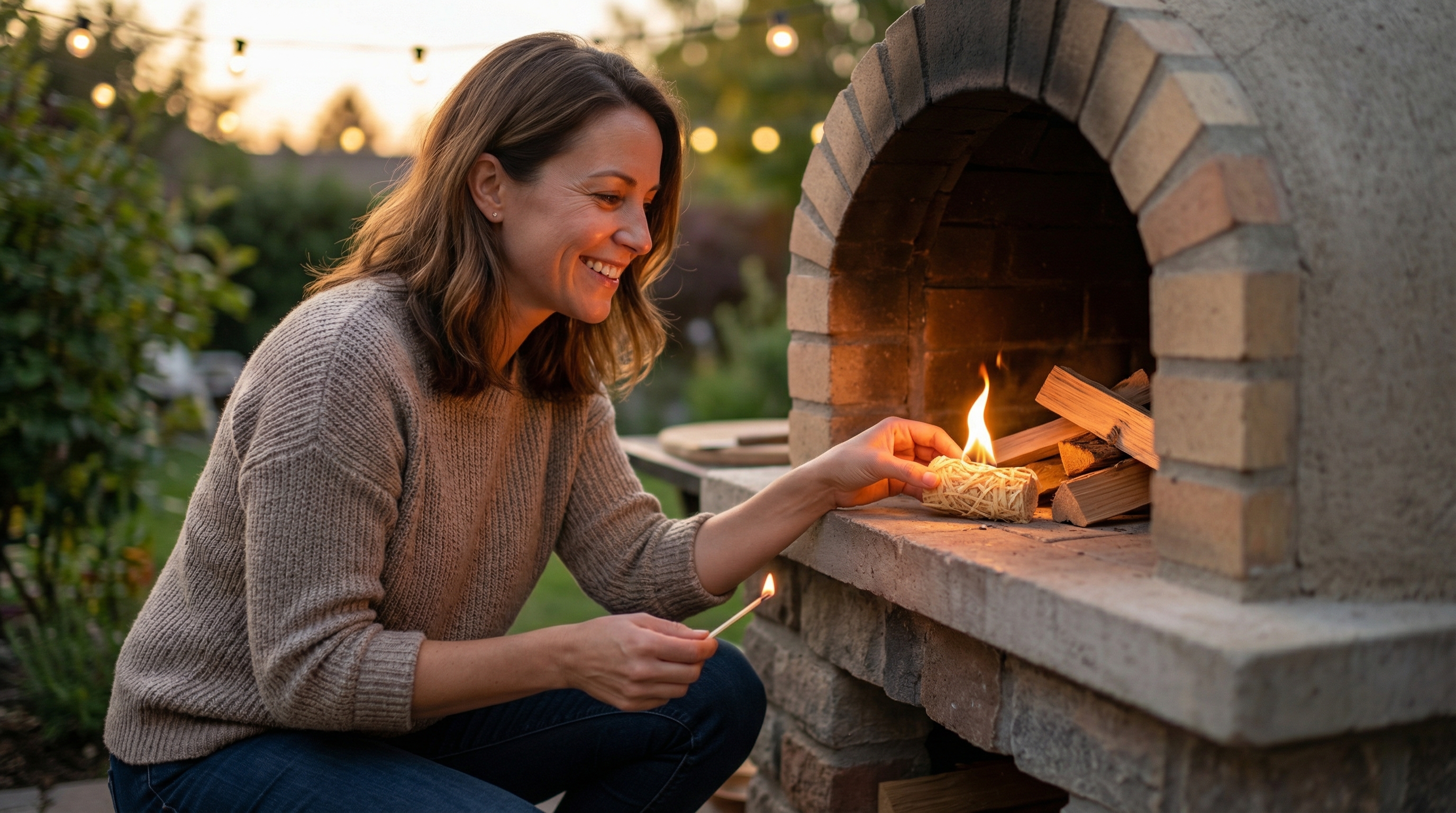 A happy woman in her late 30s with a genuine, relaxed smile, watching as a small, clean flame begins to catch from a natural wood wool fire starter she just placed under wood in her backyard pizza oven. She is casually dressed for an evening outdoors. The lighting is the warm, soft glow of dusk, creating a cozy and inviting atmosphere. The shot feels authentic and candid, capturing a moment of simple satisfaction. Photorealistic lifestyle photography, 8k.