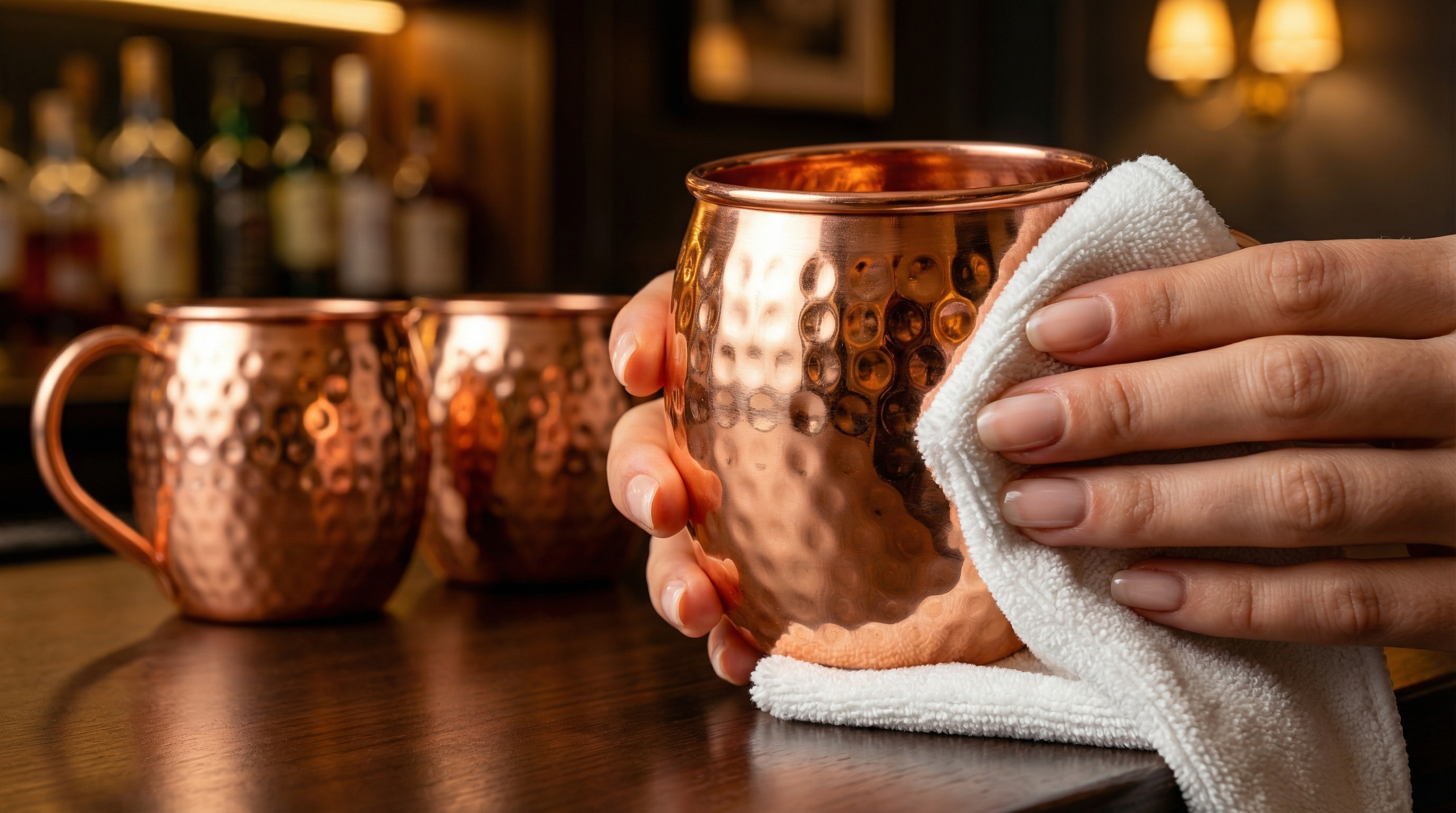 Extreme close-up on the hands of a person with well-manicured nails, gently polishing a glistening, hammered copper mug with a plush white microfiber cloth. The mug reflects the warm, soft light of a sophisticated home bar setting. In the soft-focus background, another two identical copper mugs are gleaming on a dark wood countertop. Photorealistic, editorial quality, 8k.