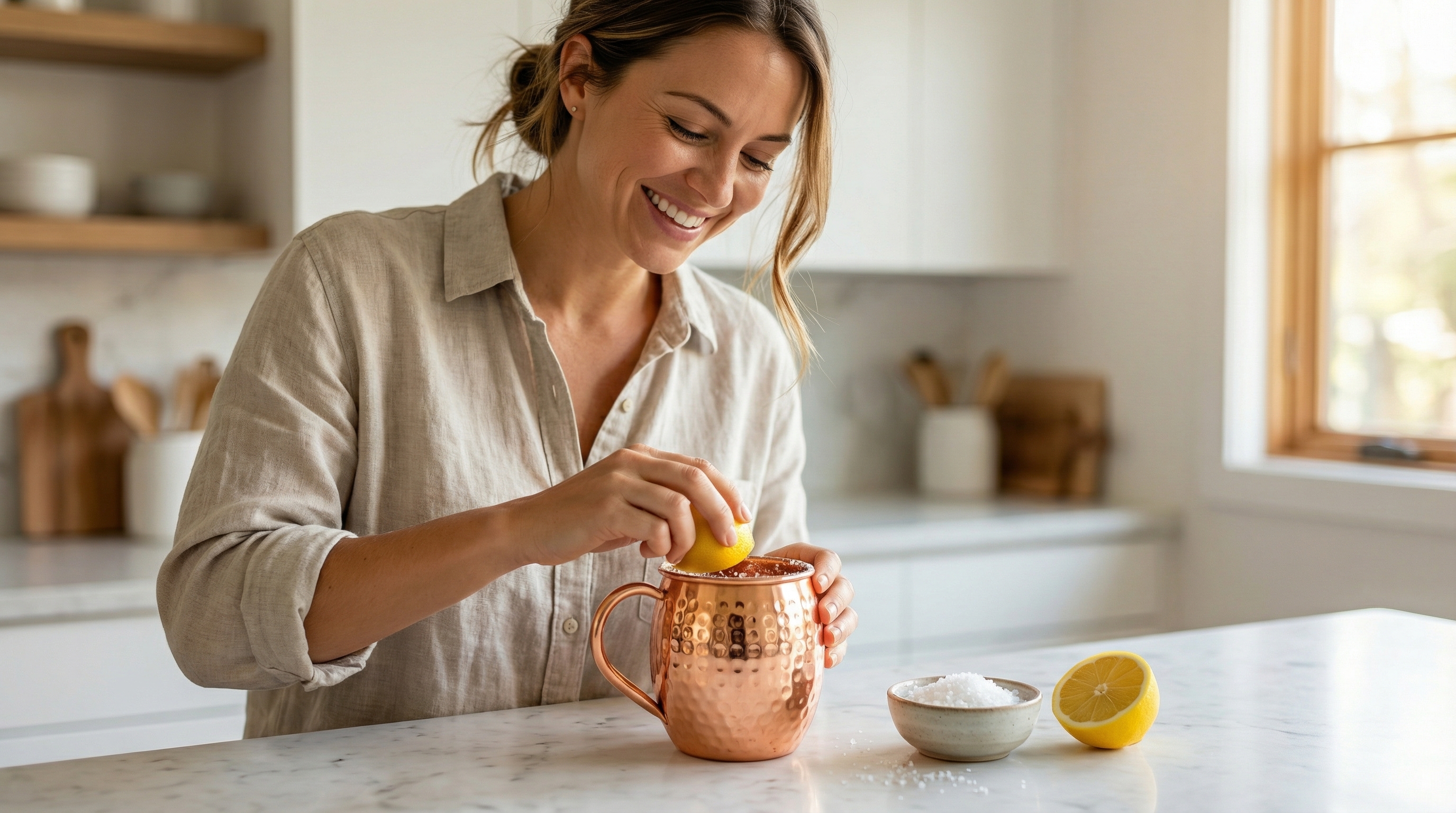 A happy, elegant woman in her 30s with a genuine smile, standing in a bright, modern kitchen. She is focused on carefully applying a natural lemon and salt cleaning paste to the inside of a highly polished hammered copper mug with a classic barrel shape, small uniform dents, and a smooth, welded C-shaped pure copper handle. A cut lemon and a small bowl of coarse sea salt are visible on the white marble countertop beside her. Photorealistic, candid lifestyle photography, warm natural light, 8k.