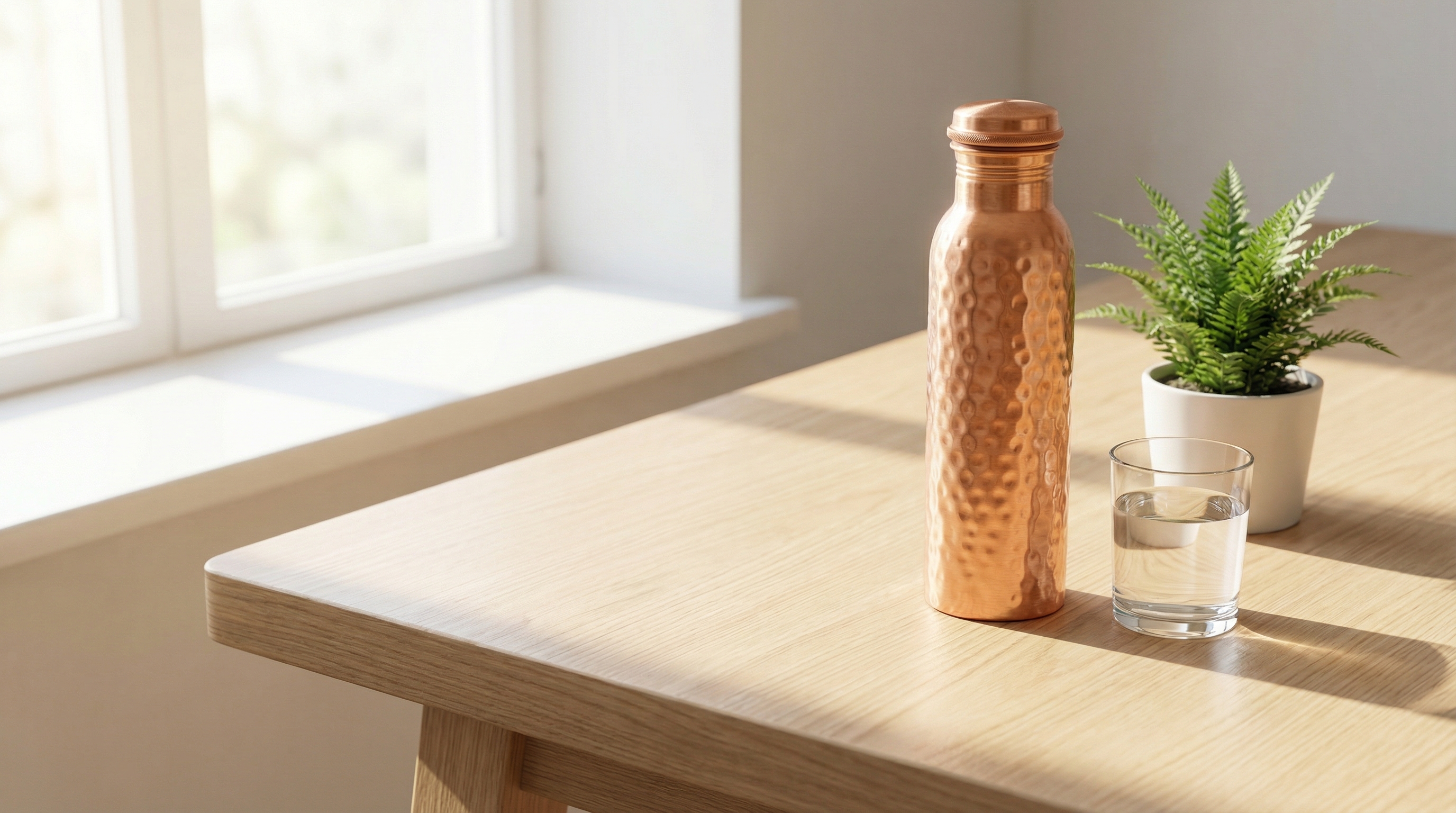 A hammered pure copper water bottle with a matching screw-on cap sits on a minimalist light wood desk next to a filled glass of water and a single green plant. The scene is bathed in bright, natural morning sunlight from a window, creating soft shadows. The overall mood is serene, calm, and focused on wellness and mindful work. Photorealistic, editorial quality, 8k.
